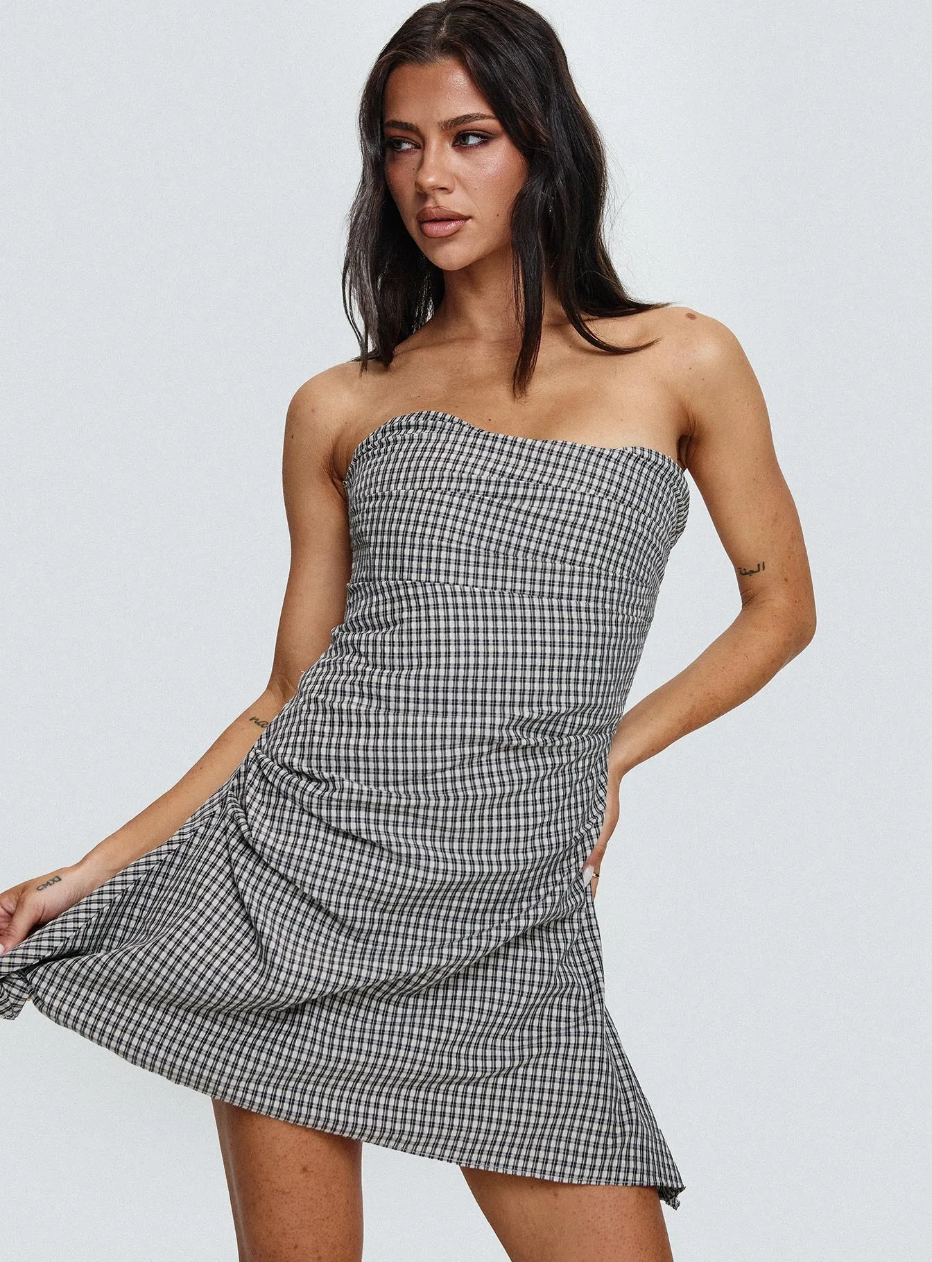 Bradwell Strapless Mini Dress Check sold by Princess Polly