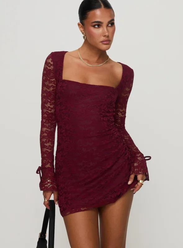 Lucianna Long Sleeve Lace Mini Dress Burgundy sold by Princess Polly
