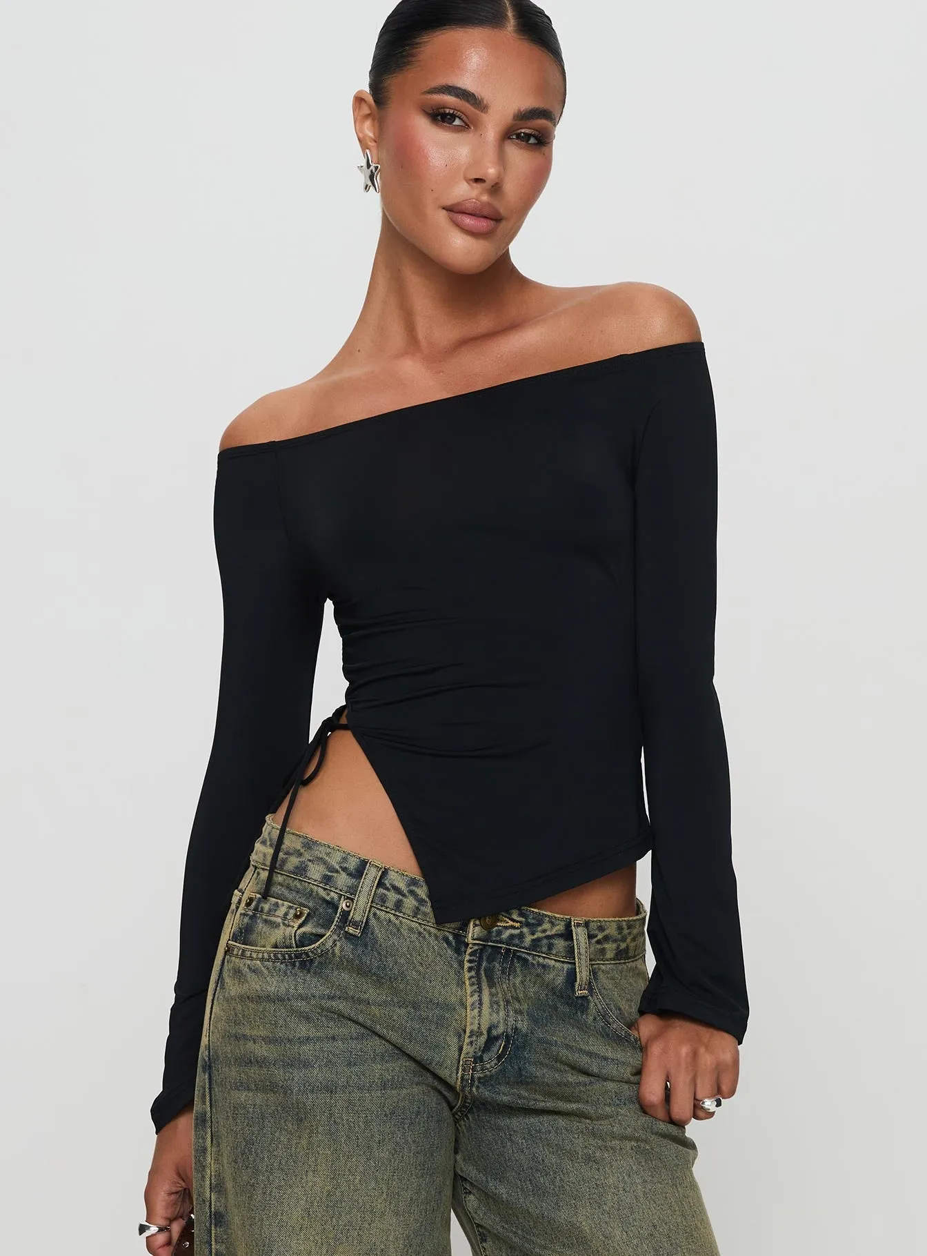 Endellion Off Shoulder Long Sleeve Top Black sold by Princess Polly product image thumbnail 2