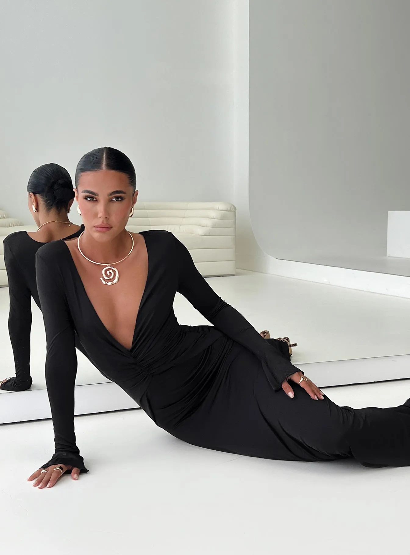 Lezure Plunge Long Sleeve Maxi Dress Black sold by Princess Polly