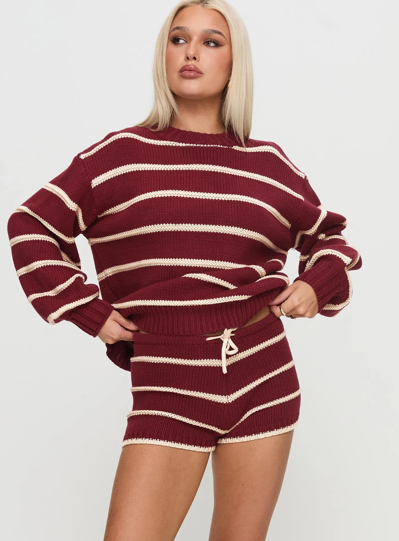 Read Your Mind Knit Short Maroon Stripe sold by Princess Polly product image thumbnail 2