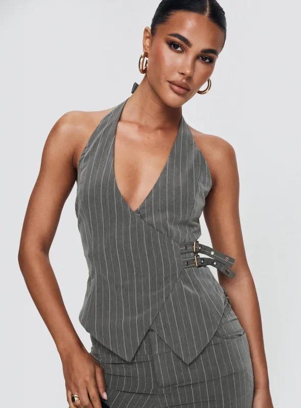 Calexico Buckle Halter Top Grey Pinstripe sold by Princess Polly