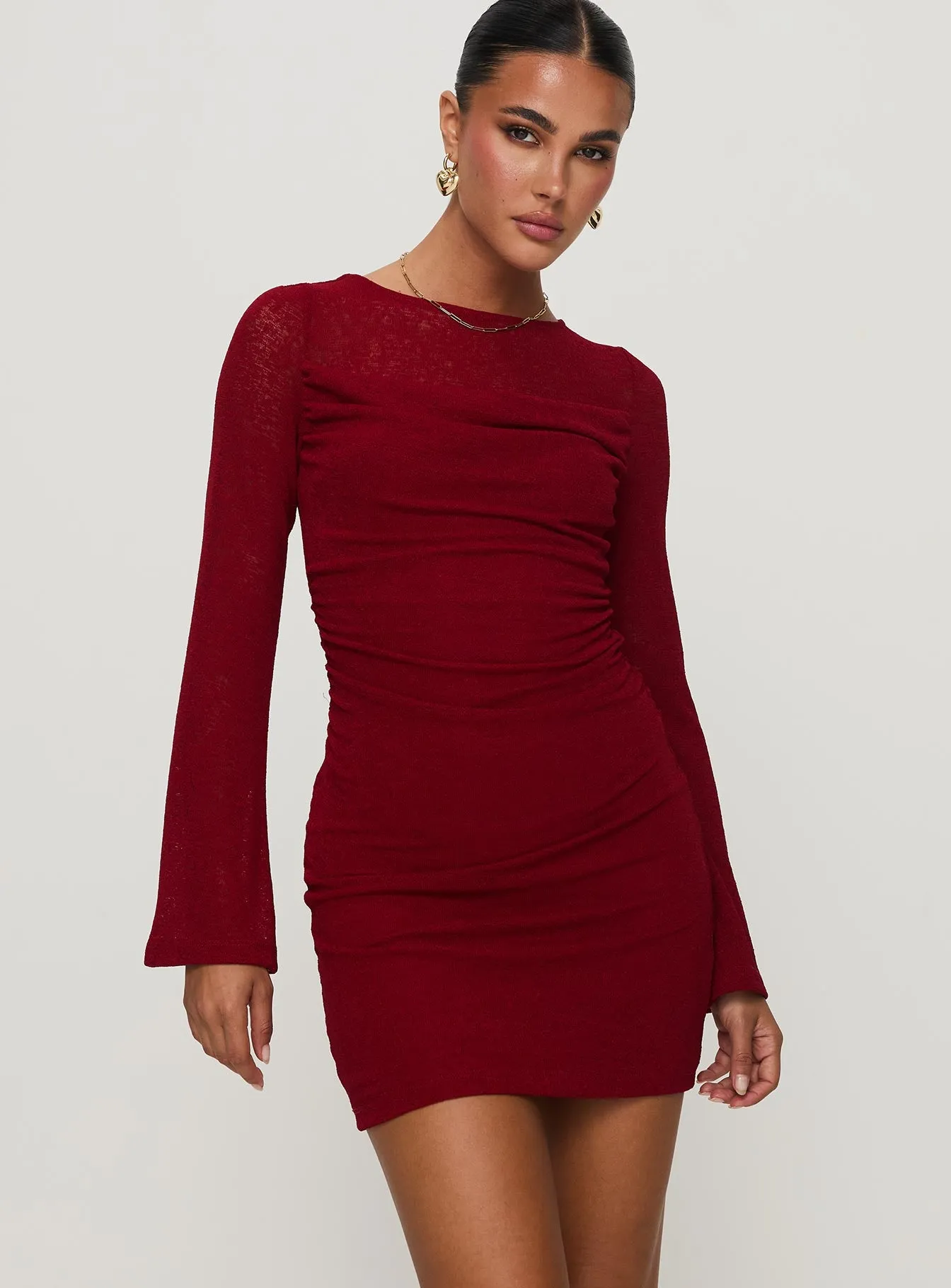 Epiphany Long Sleeve Mini Dress Burgundy sold by Princess Polly