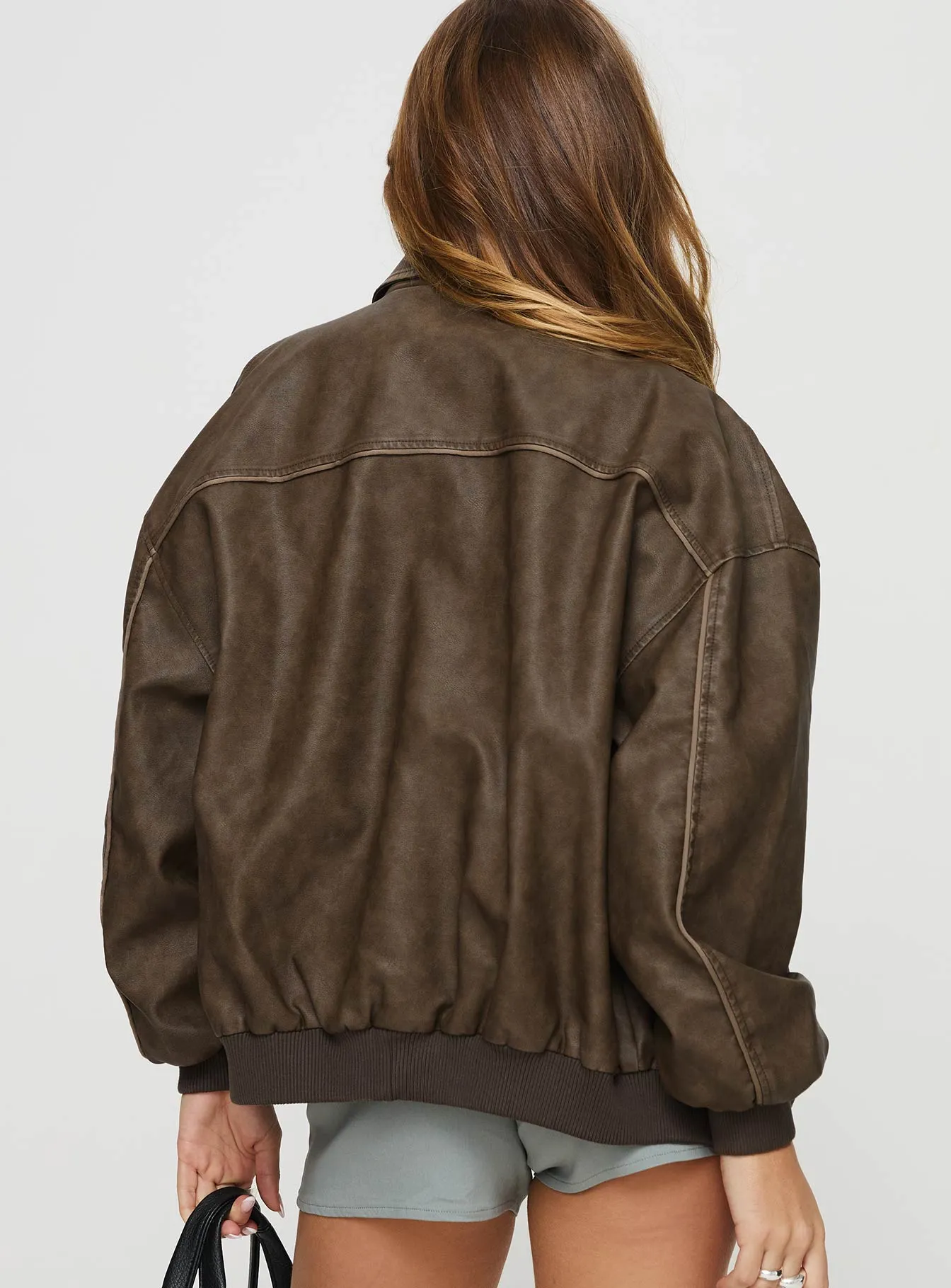 Goldsmith Faux Leather Bomber Jacket Washed Dark Brown sold by Princess Polly product image thumbnail 5