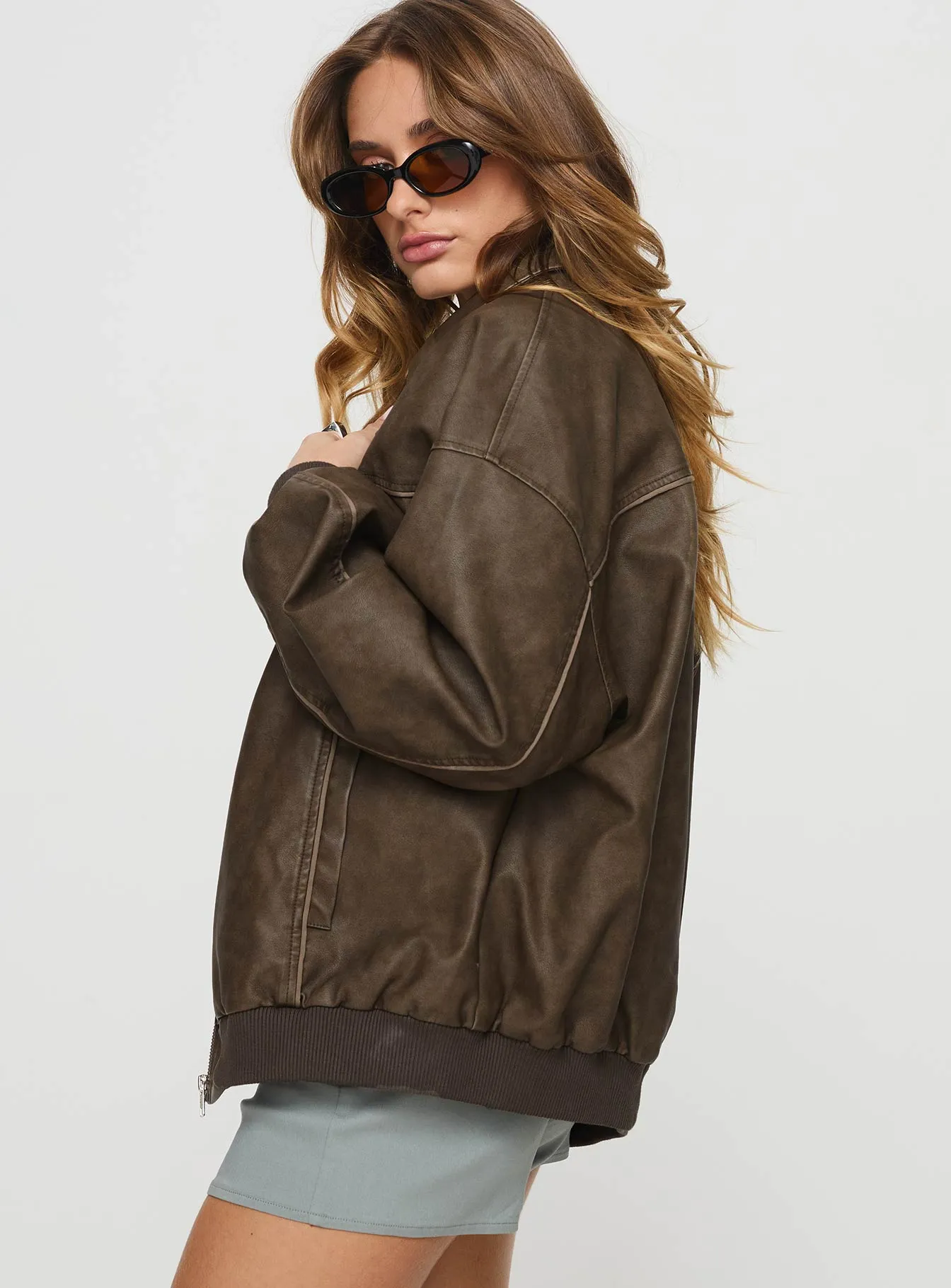 Goldsmith Faux Leather Bomber Jacket Washed Dark Brown sold by Princess Polly product image thumbnail 4
