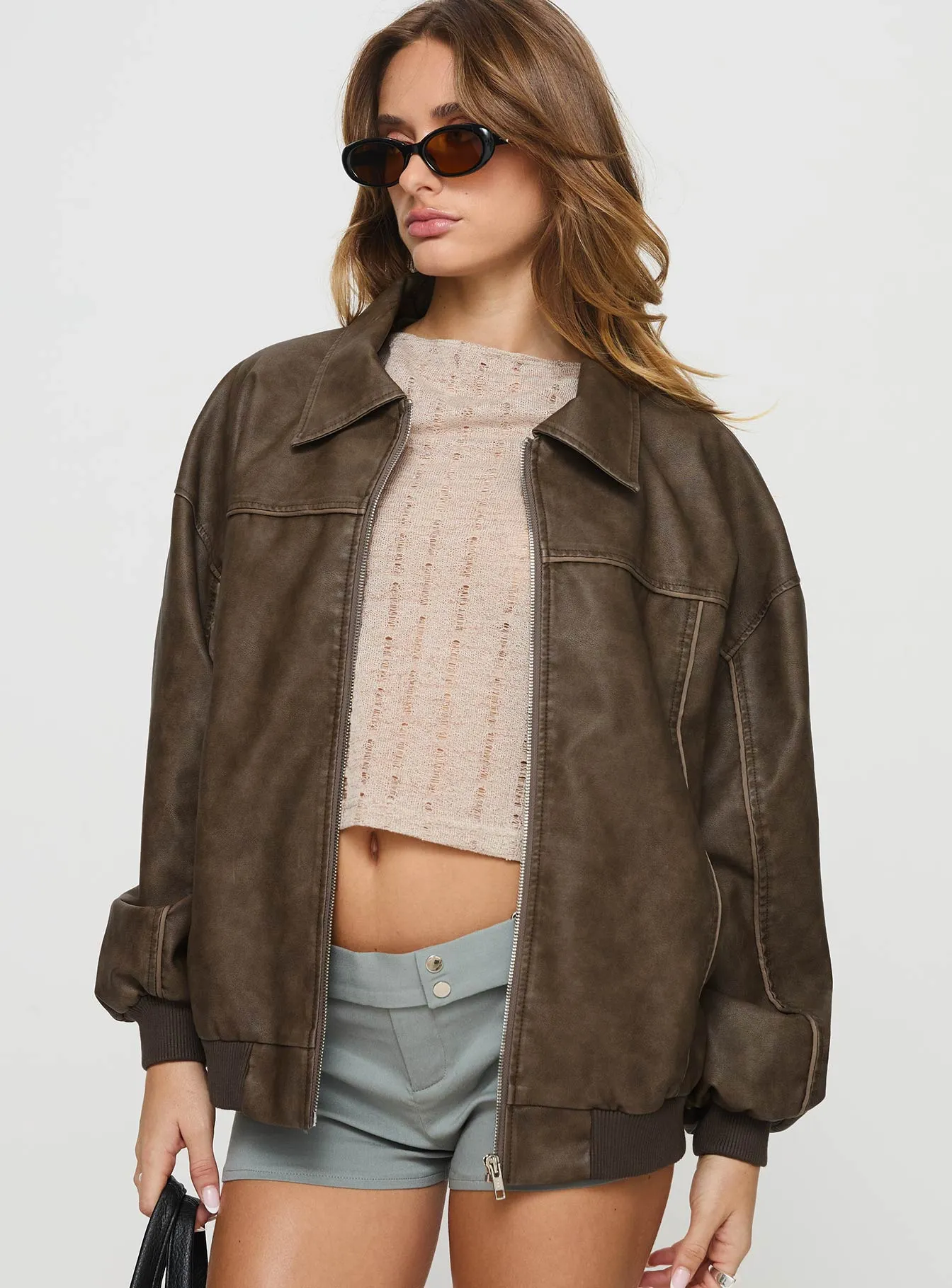 Goldsmith Faux Leather Bomber Jacket Washed Dark Brown sold by Princess Polly product image thumbnail 2