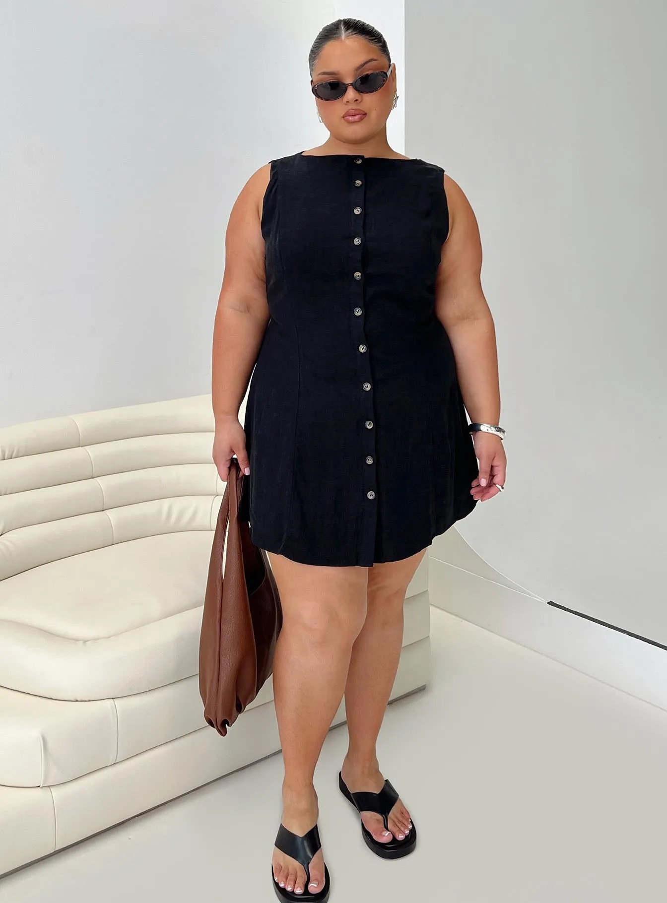 Dollie Linen Mini Dress Black Curve sold by Princess Polly