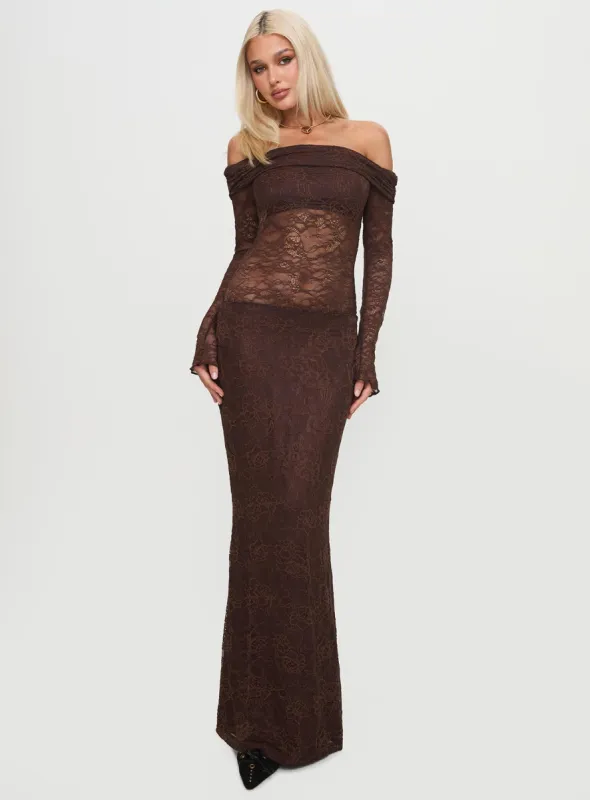 Make Your Mark Off Shoulder Maxi Dress Chocolate sold by Princess Polly