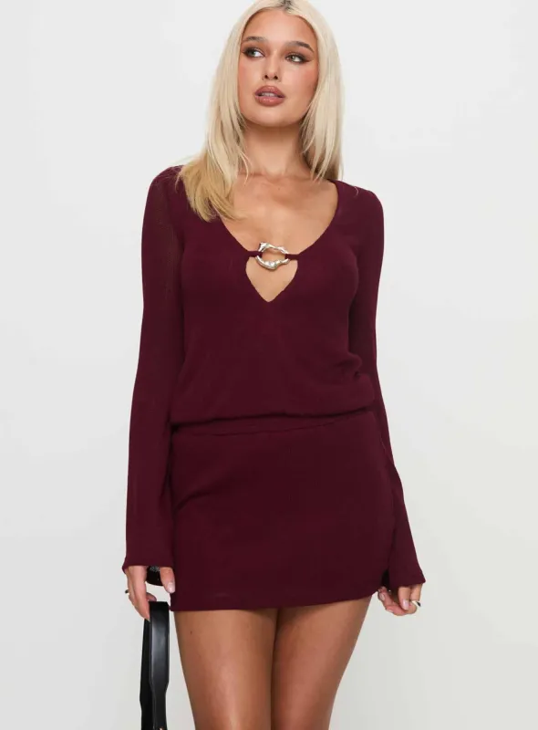 Charming Long Sleeve Mini Dress Maroon sold by Princess Polly