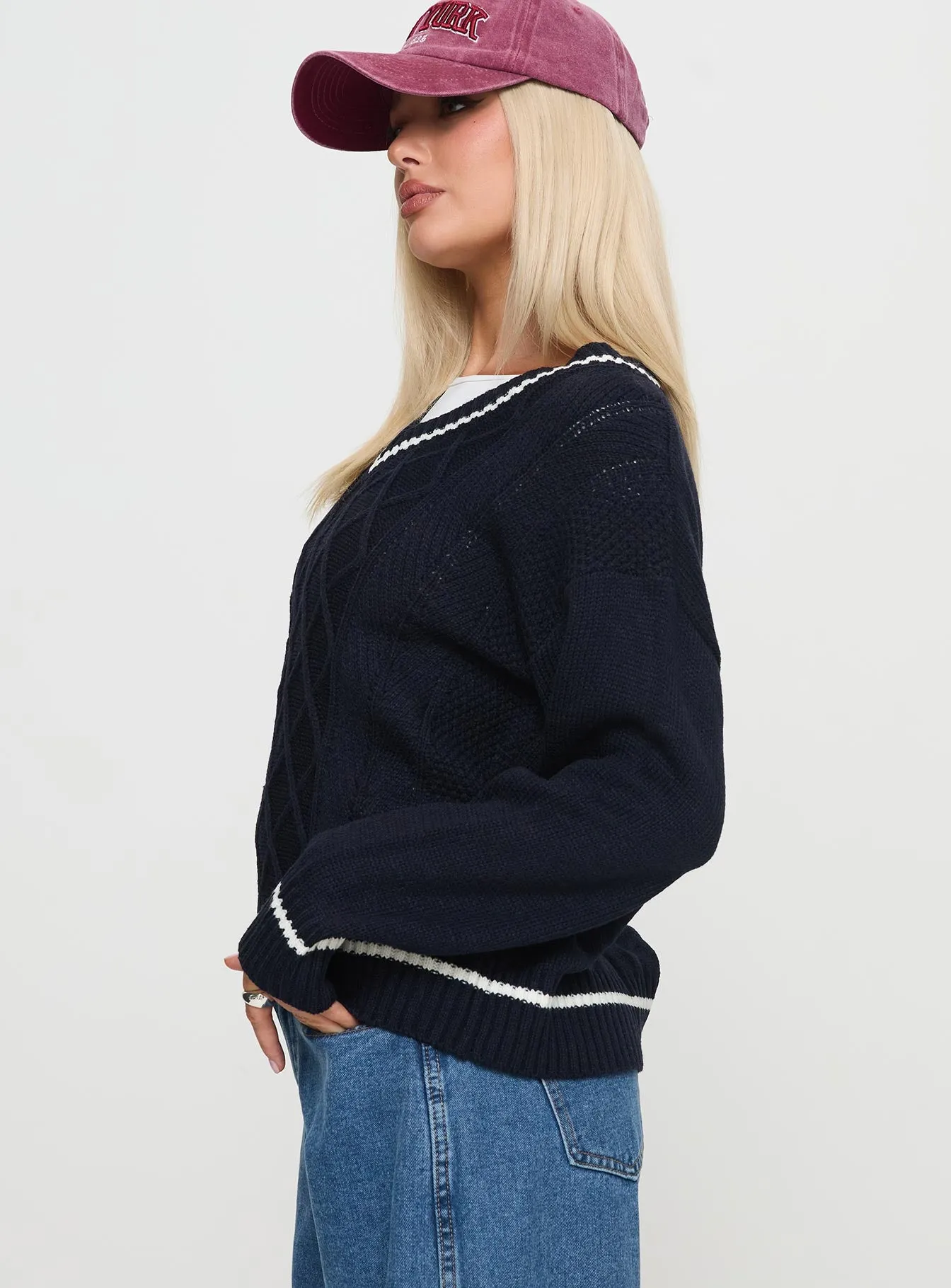 Covina V Neck Knit Sweater Navy sold by Princess Polly product image thumbnail 3
