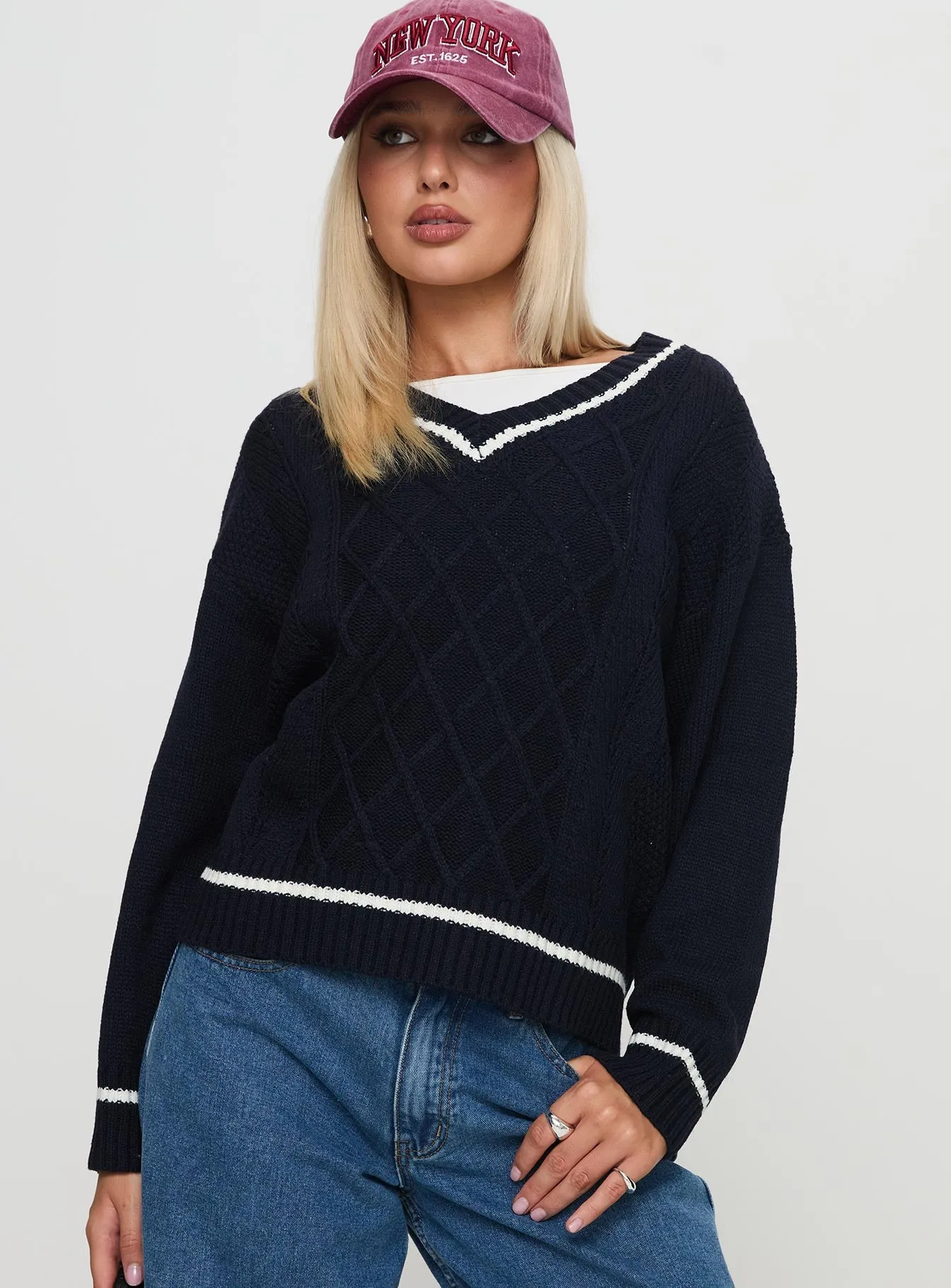Covina V Neck Knit Sweater Navy sold by Princess Polly