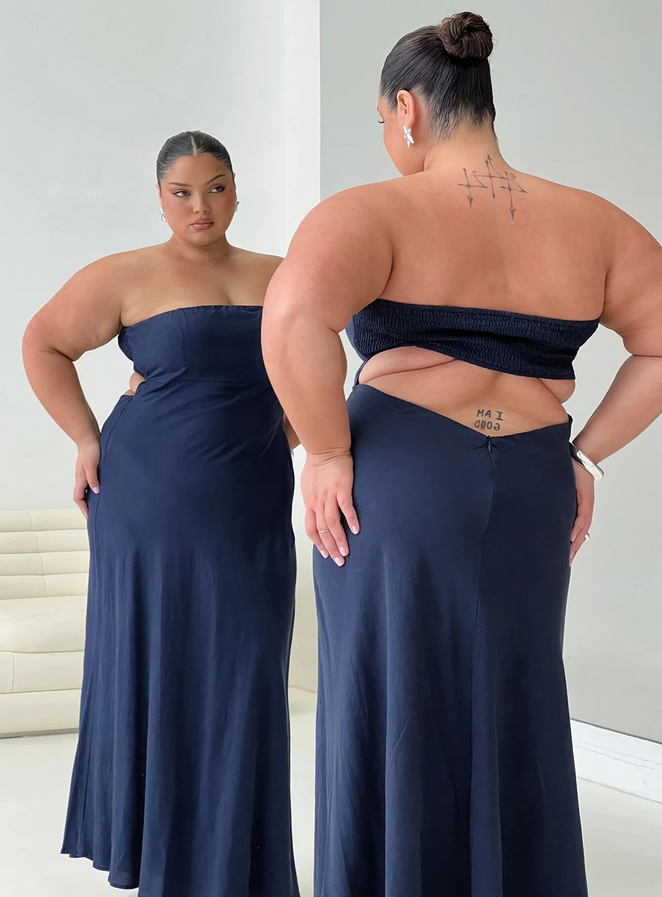 Yahir Strapless Maxi Dress Navy Curve sold by Princess Polly