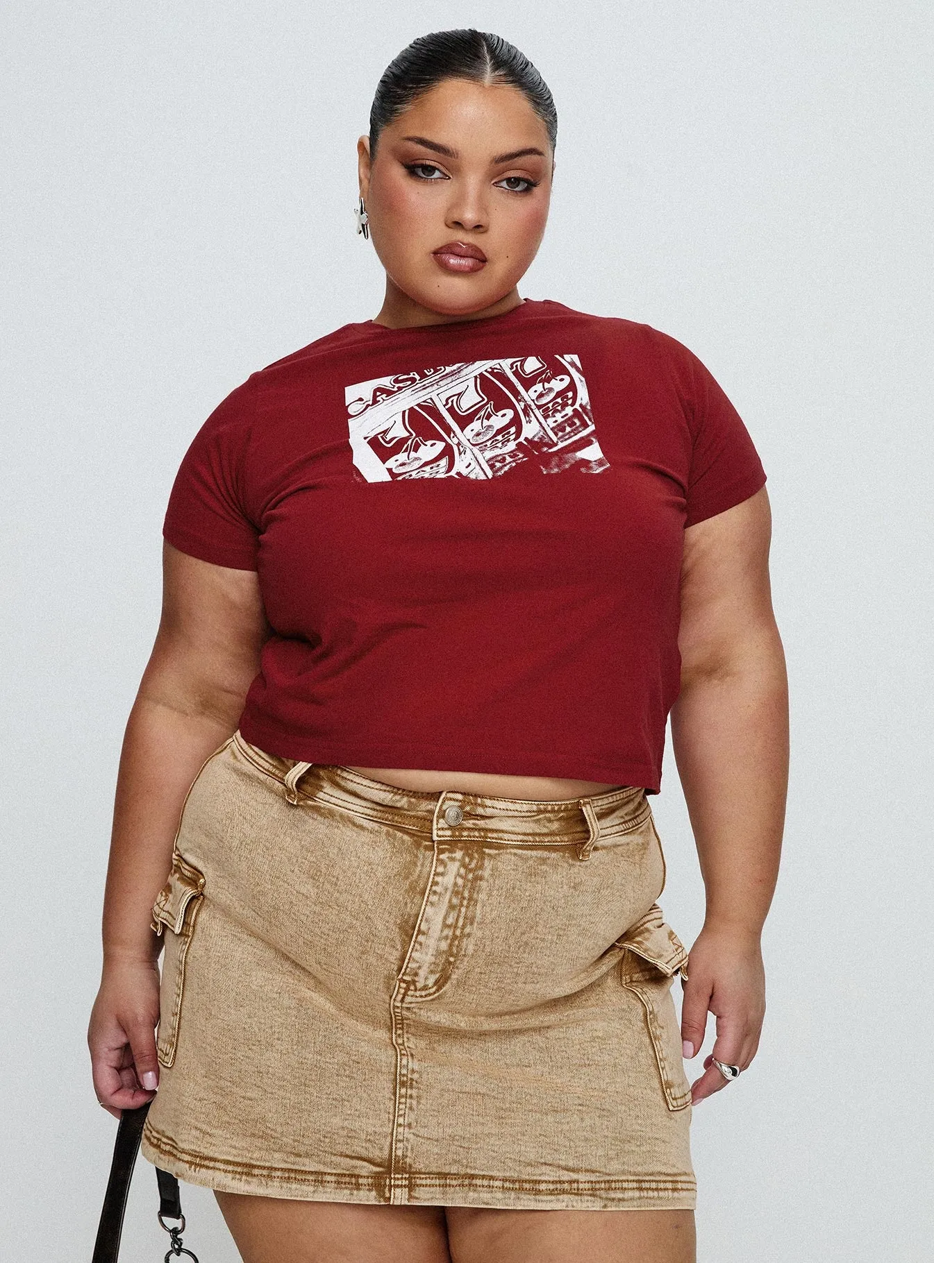 Velveta Low Rise Denim Skirt Camel Curve sold by Princess Polly