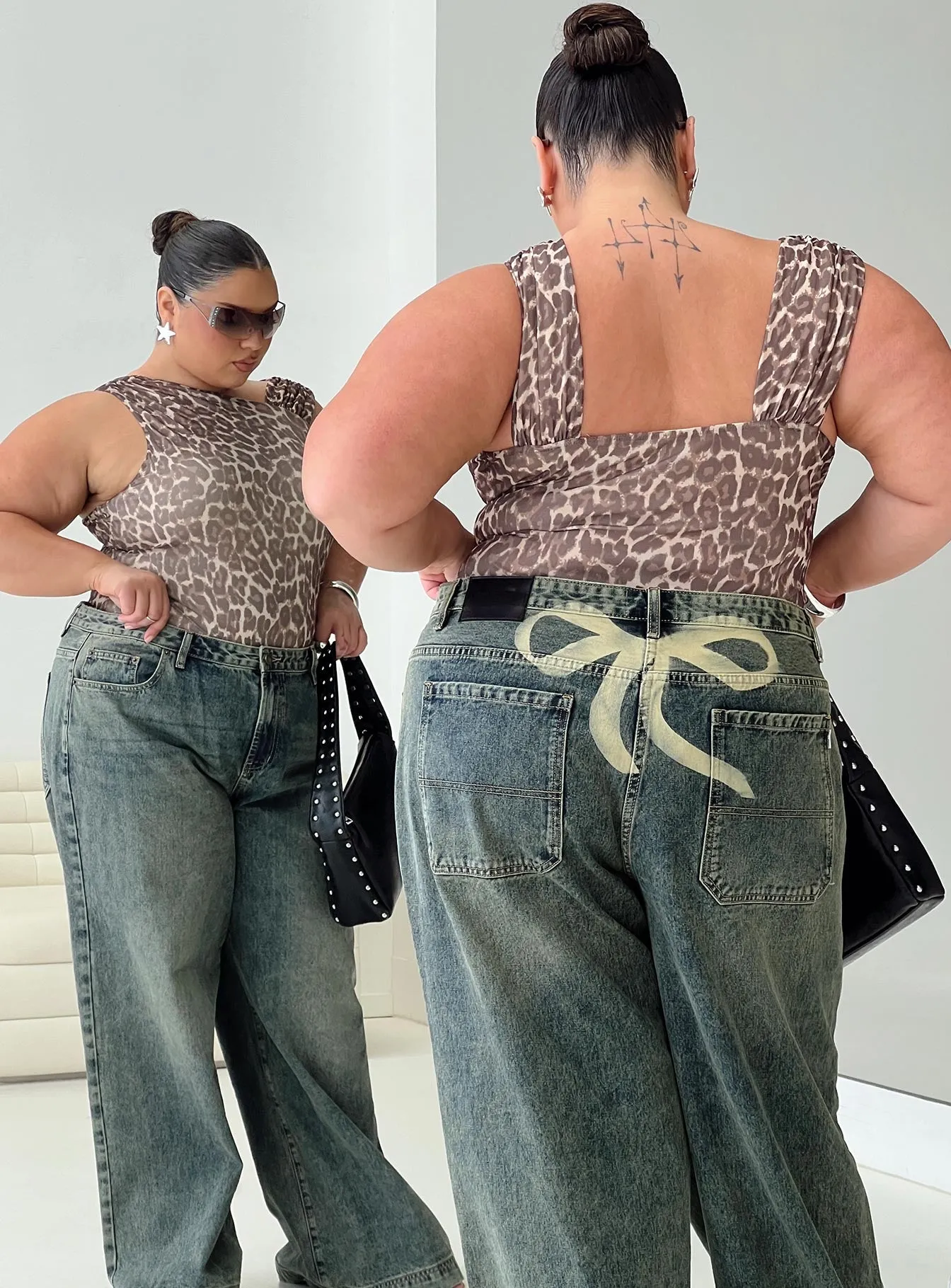 Ribbon Stamp Low Rise Wide Leg Jeans Antique Wash Curve sold by Princess Polly