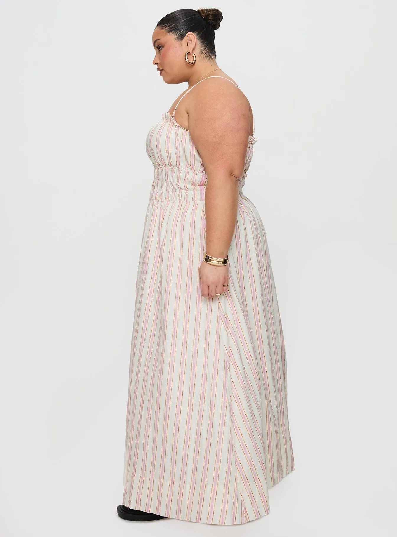 Persephone Shirring Linen Maxi Dress Pink Stripe Curve sold by Princess Polly product image thumbnail 4