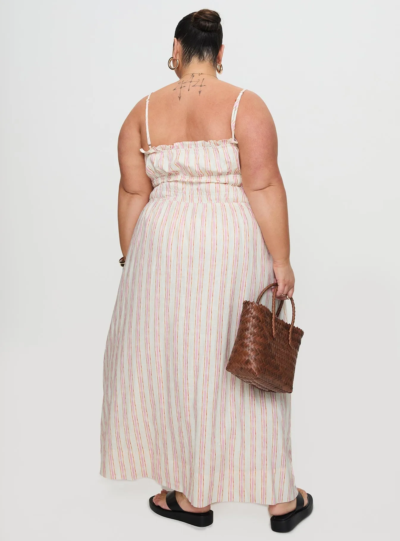 Persephone Shirring Linen Maxi Dress Pink Stripe Curve sold by Princess Polly product image thumbnail 5