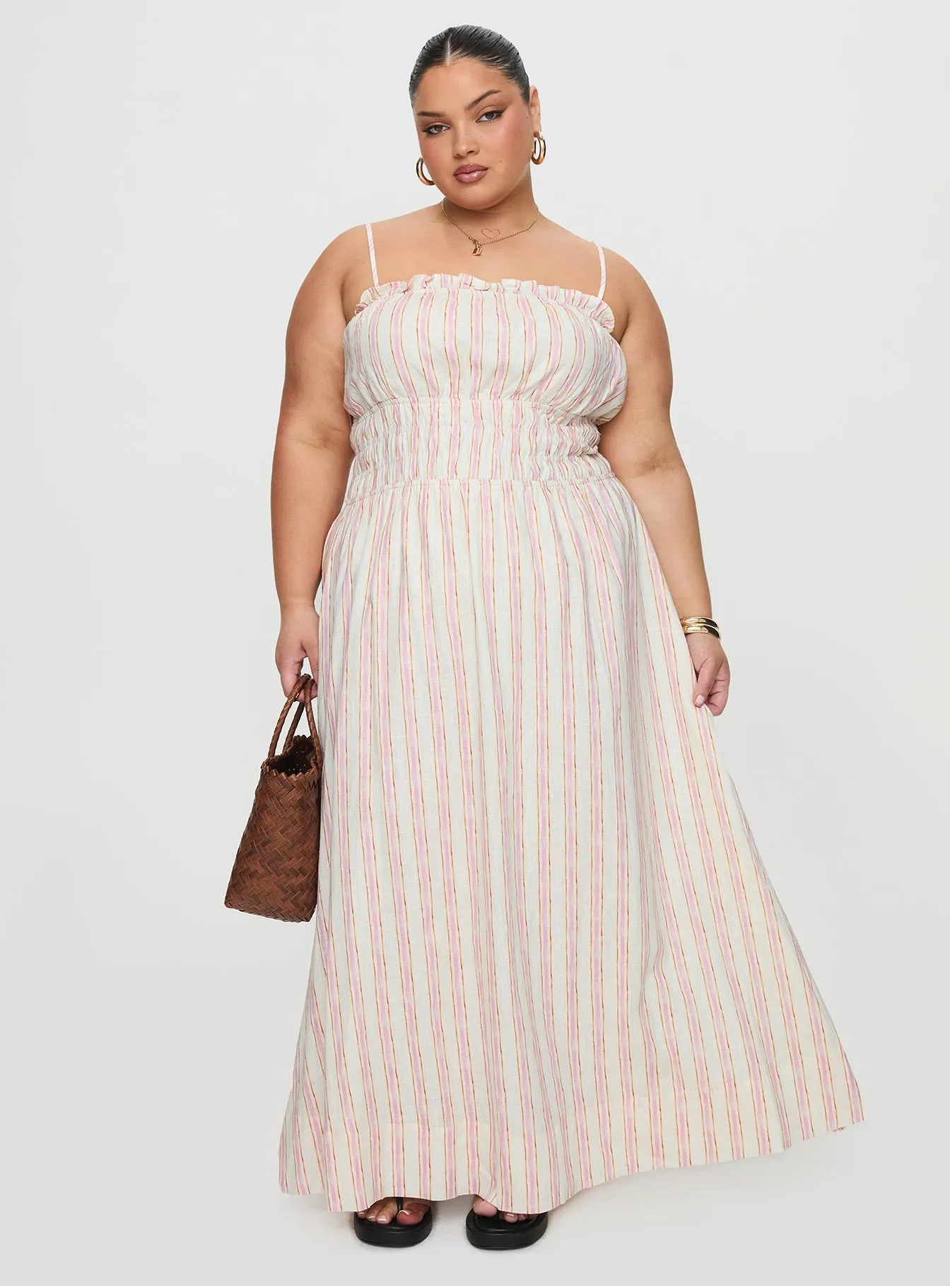Persephone Shirring Linen Maxi Dress Pink Stripe Curve sold by Princess Polly product image thumbnail 3
