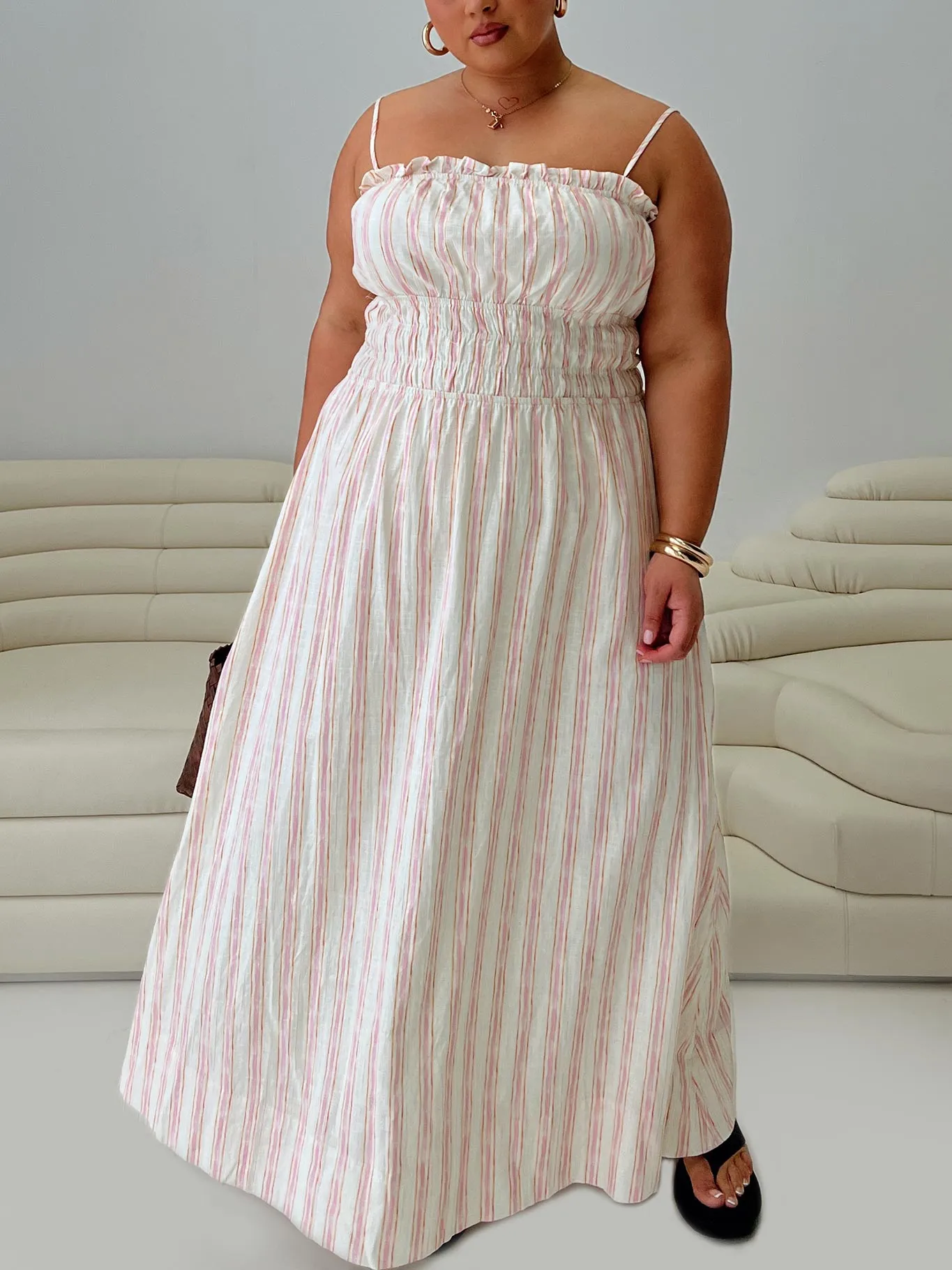 Persephone Shirring Linen Maxi Dress Pink Stripe Curve sold by Princess Polly