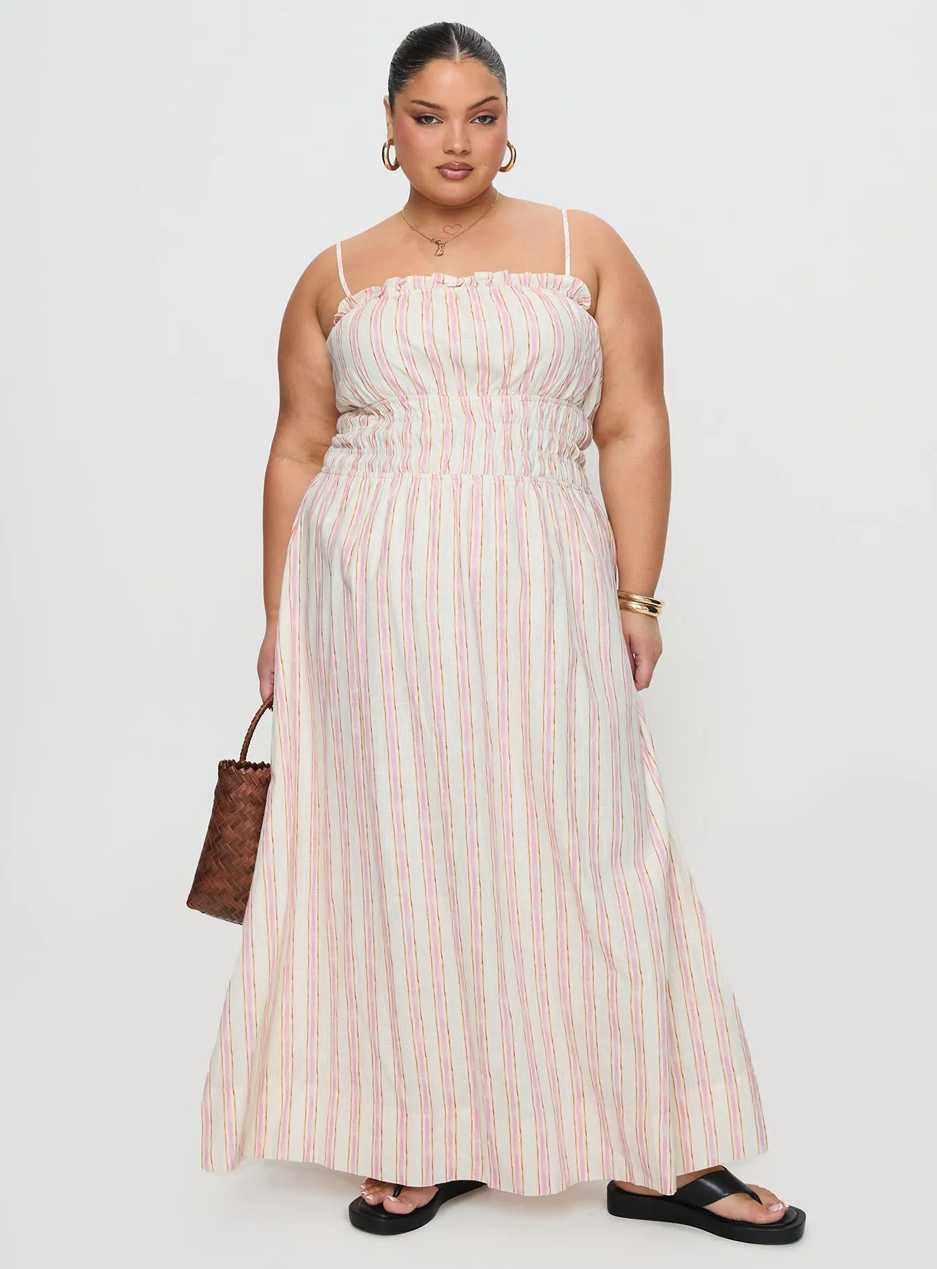 Persephone Shirring Linen Maxi Dress Pink Stripe Curve sold by Princess Polly product image thumbnail 2