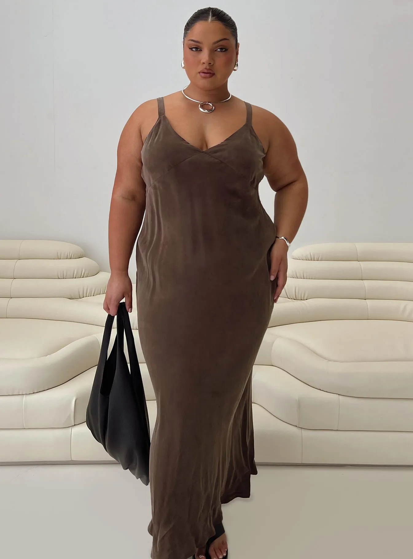 Laurette Maxi Dress Brown Curve sold by Princess Polly