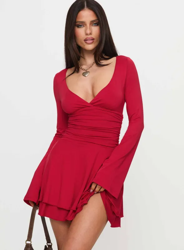 Canino Long Sleeve Mini Dress Red sold by Princess Polly