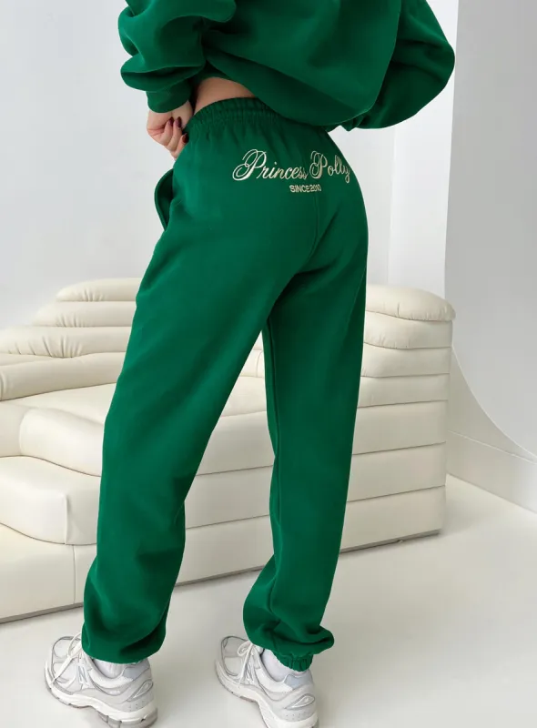 Princess Polly Track Pants Script Green / Ivory sold by Princess Polly