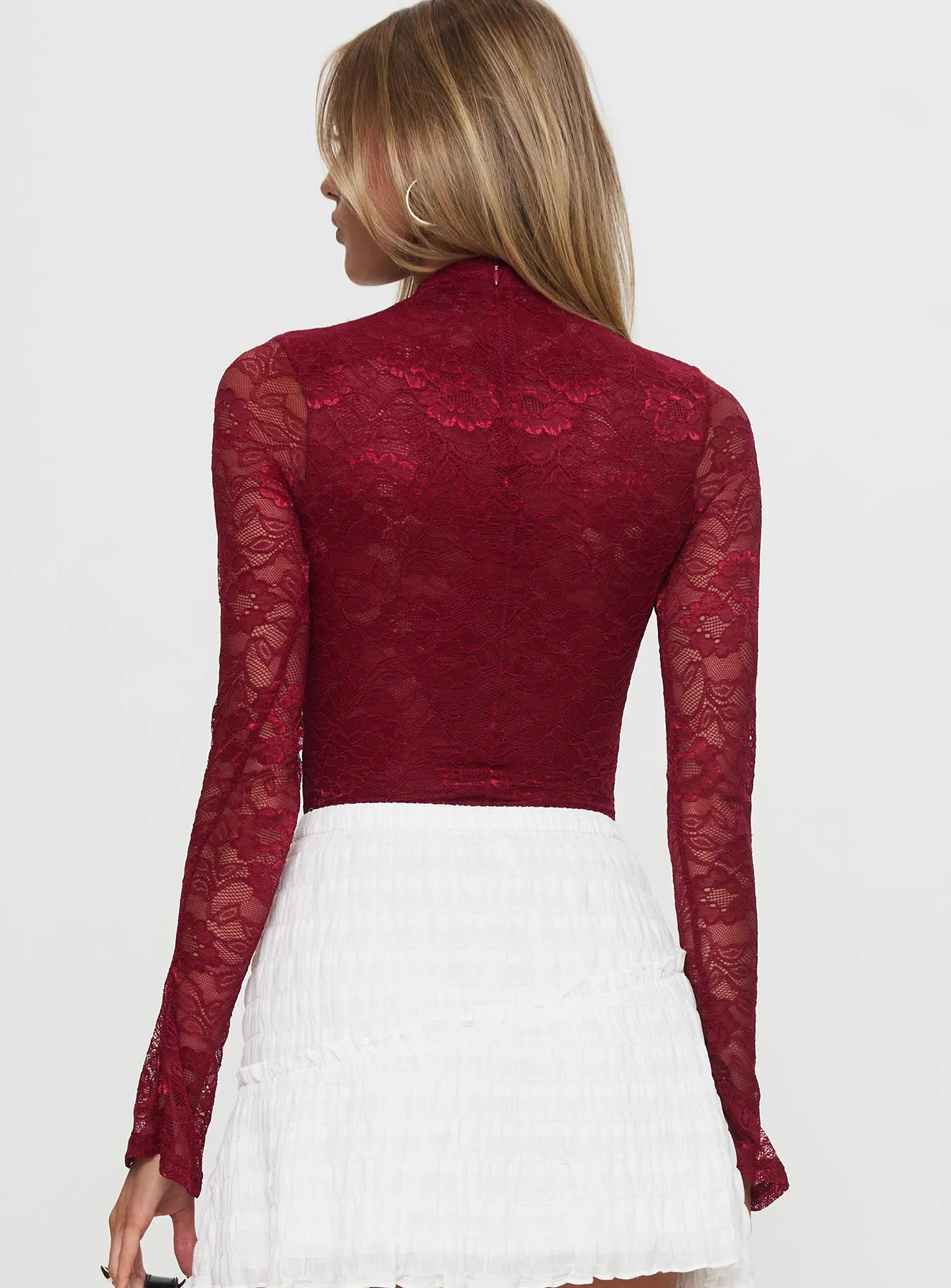 Twisted Humour Long Sleeve Lace Bodysuit Burgundy sold by Princess Polly product image thumbnail 5