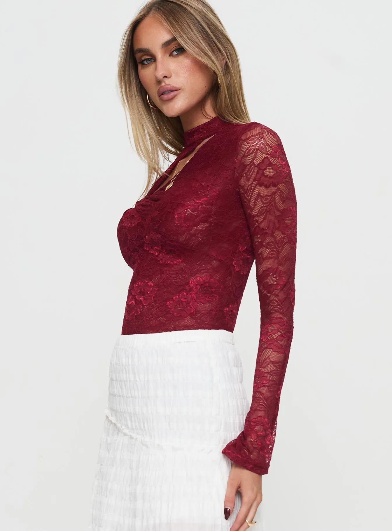 Twisted Humour Long Sleeve Lace Bodysuit Burgundy sold by Princess Polly product image thumbnail 4