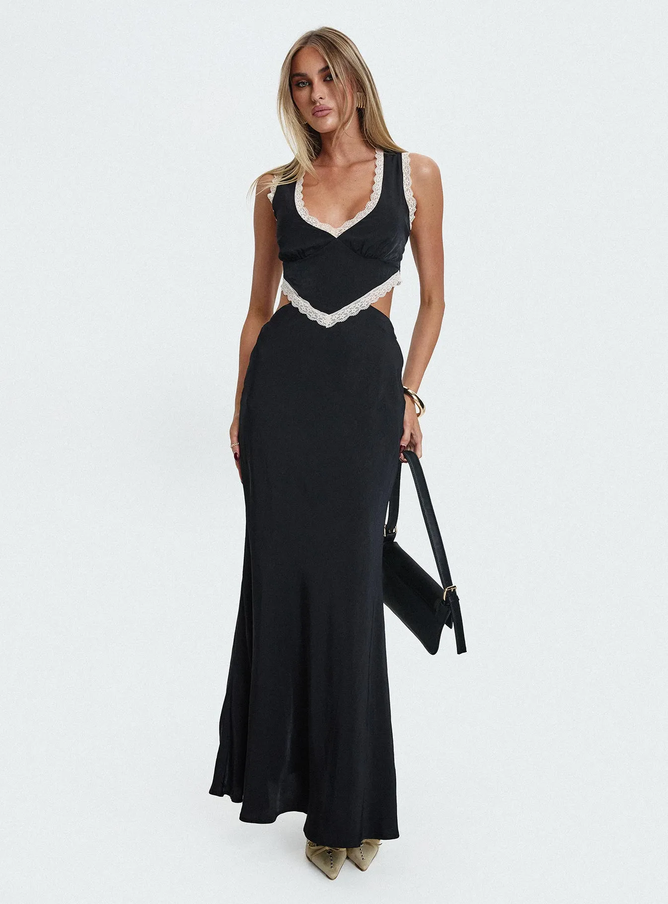 Keila Lace Trim Maxi Dress Black / Cream sold by Princess Polly
