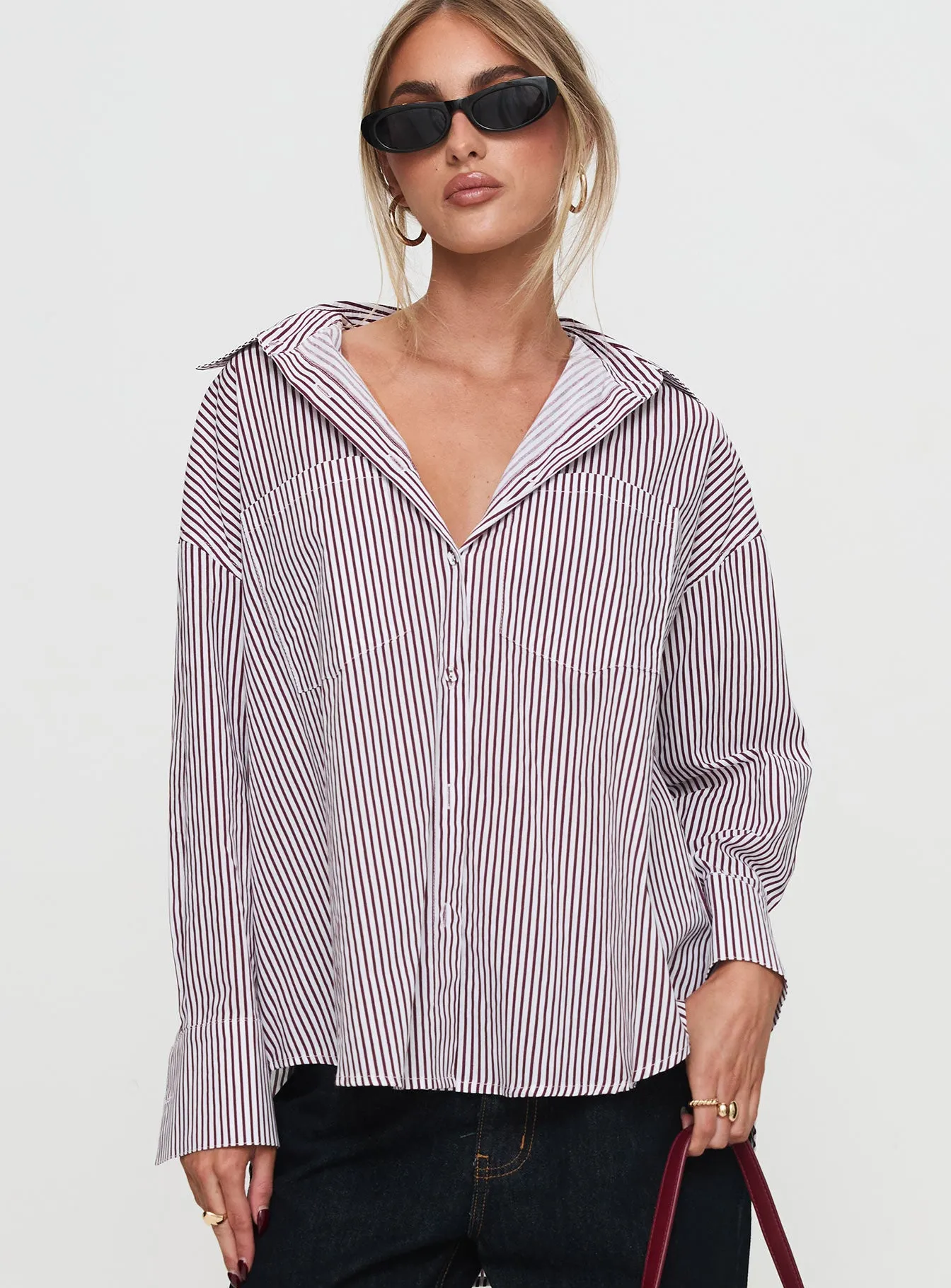 Takes You Far Shirt Burgundy Stripe sold by Princess Polly product image thumbnail 2