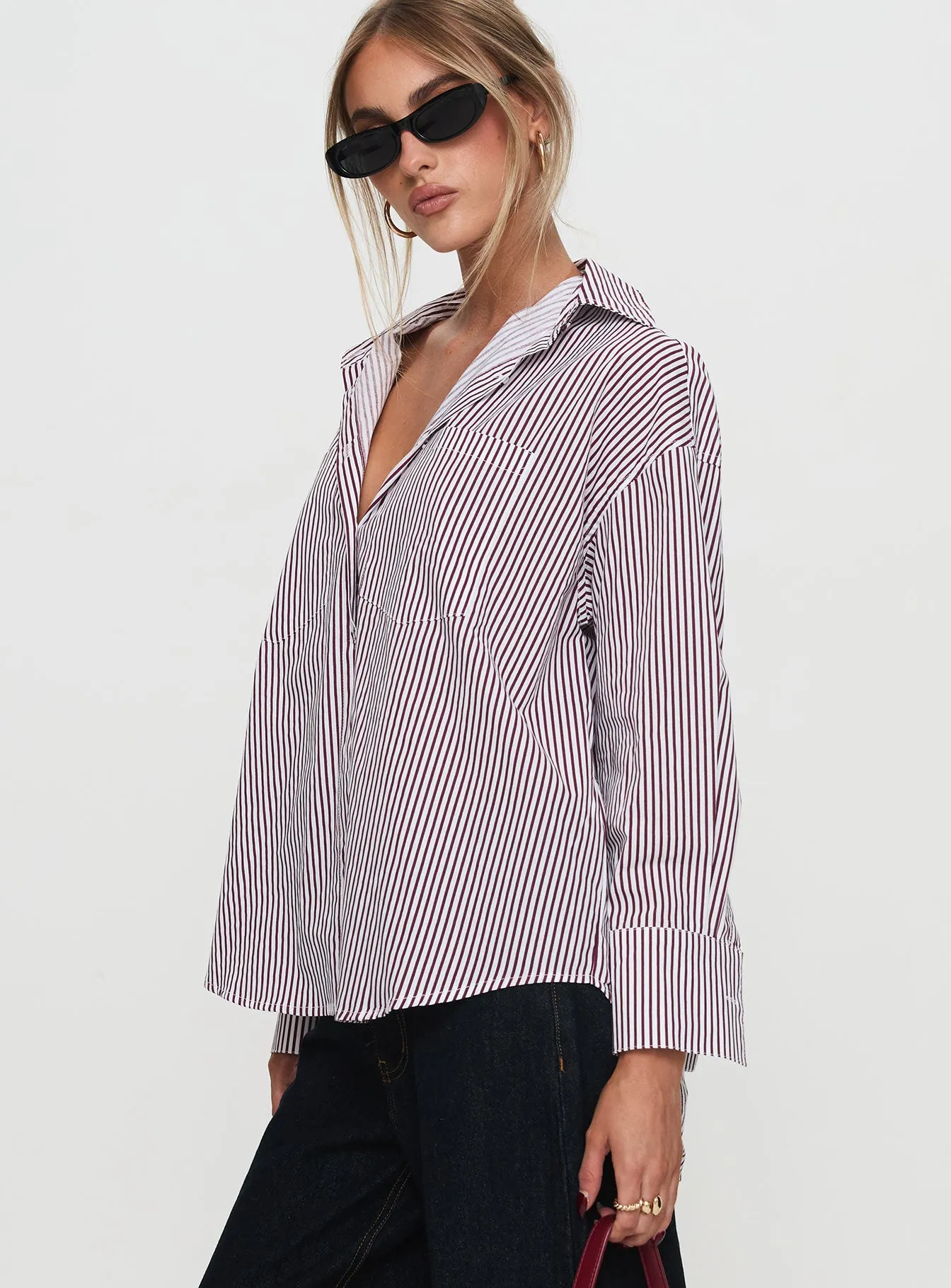 Takes You Far Shirt Burgundy Stripe sold by Princess Polly product image thumbnail 4