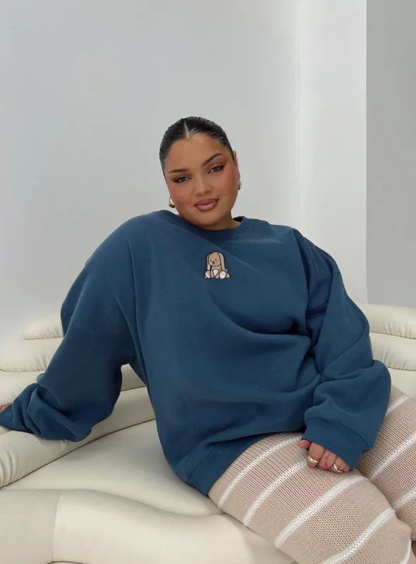 Sleepy Bunny Crewneck Jumper Navy Curve sold by Princess Polly