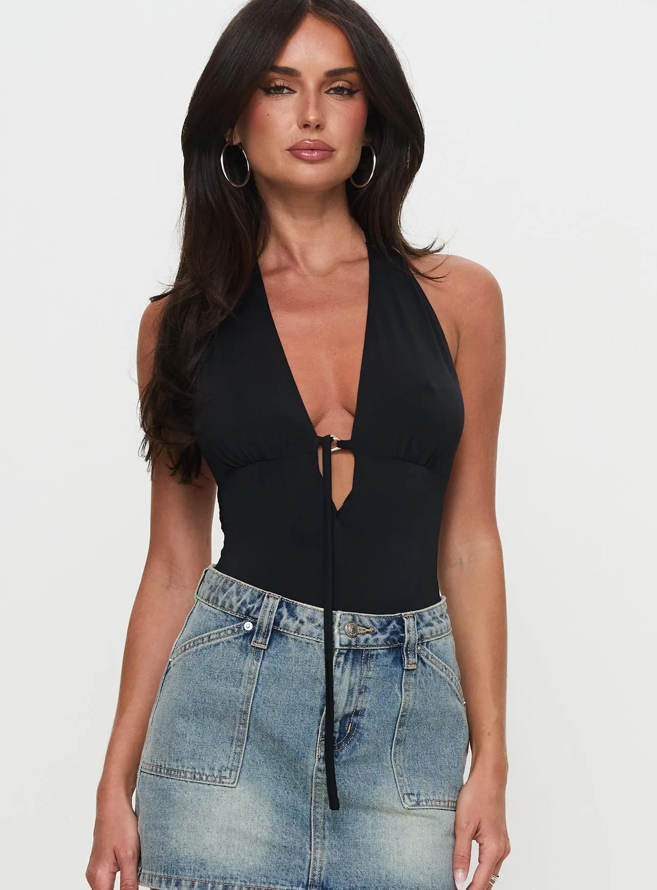 Two Summers Plunge Neck Bodysuit Black sold by Princess Polly