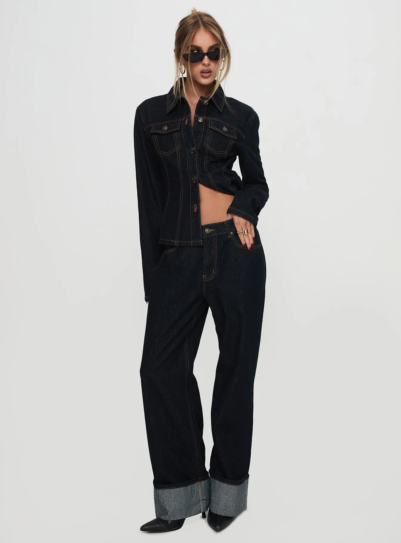 Top Model Low Rise Straight Leg Cuffed Jean Dark Denim sold by Princess Polly product image thumbnail 3