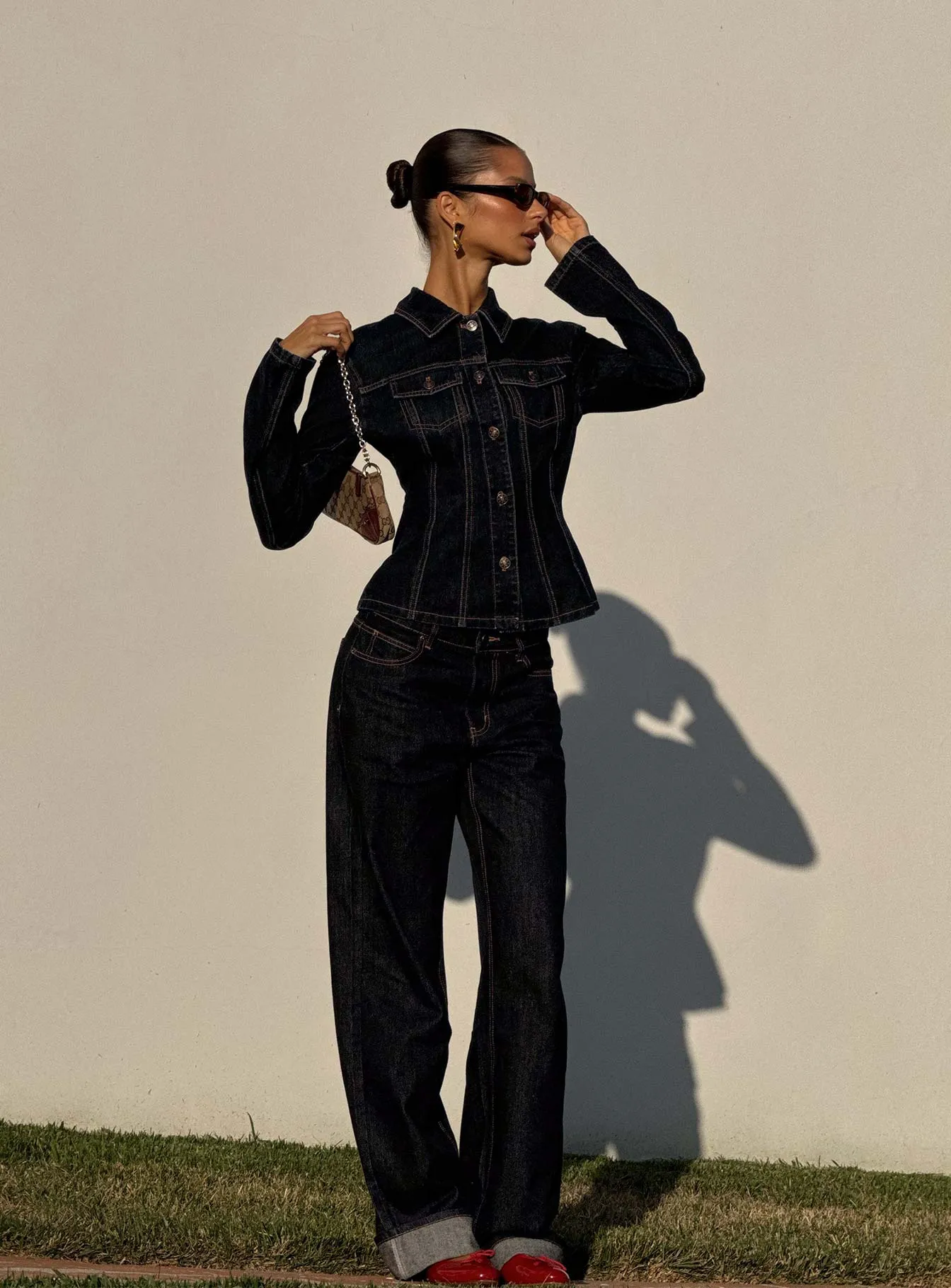 Top Model Low Rise Straight Leg Cuffed Jean Dark Denim sold by Princess Polly