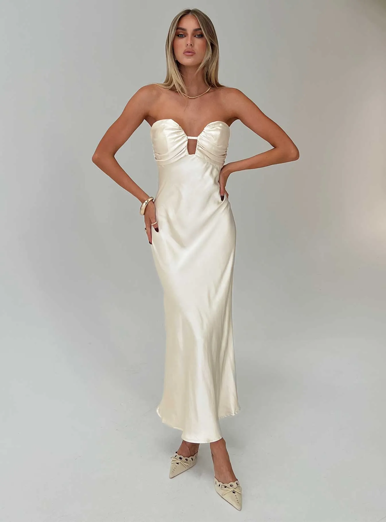Cyprian Strapless Maxi Dress Champagne sold by Princess Polly