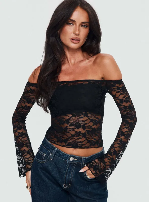Good Judgement Off Shoulder Lace Long Sleeve Top Black sold by Princess Polly