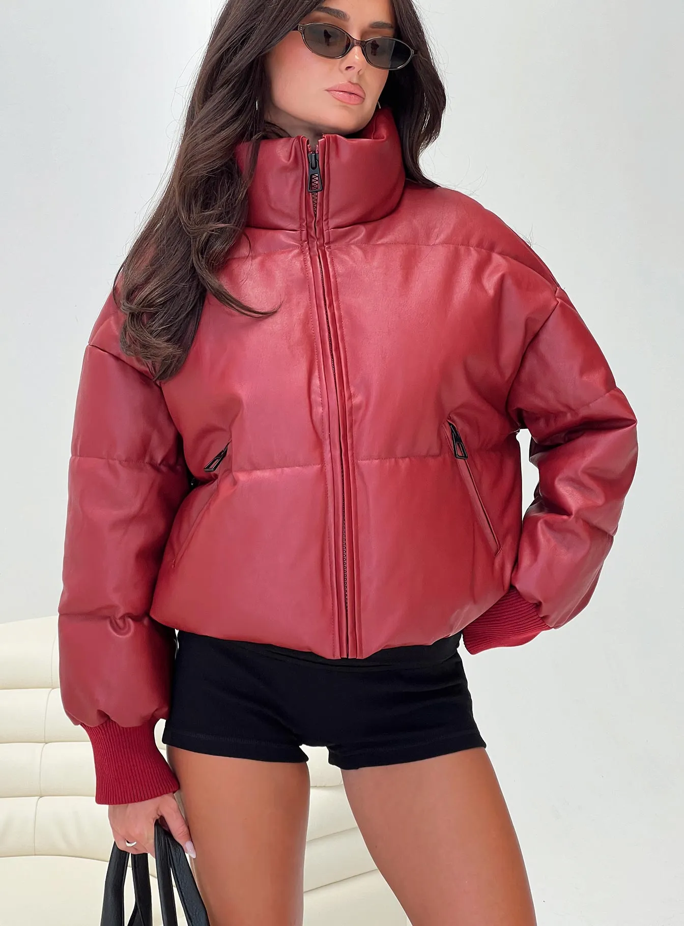 Myler Puffer Jacket Burgundy sold by Princess Polly