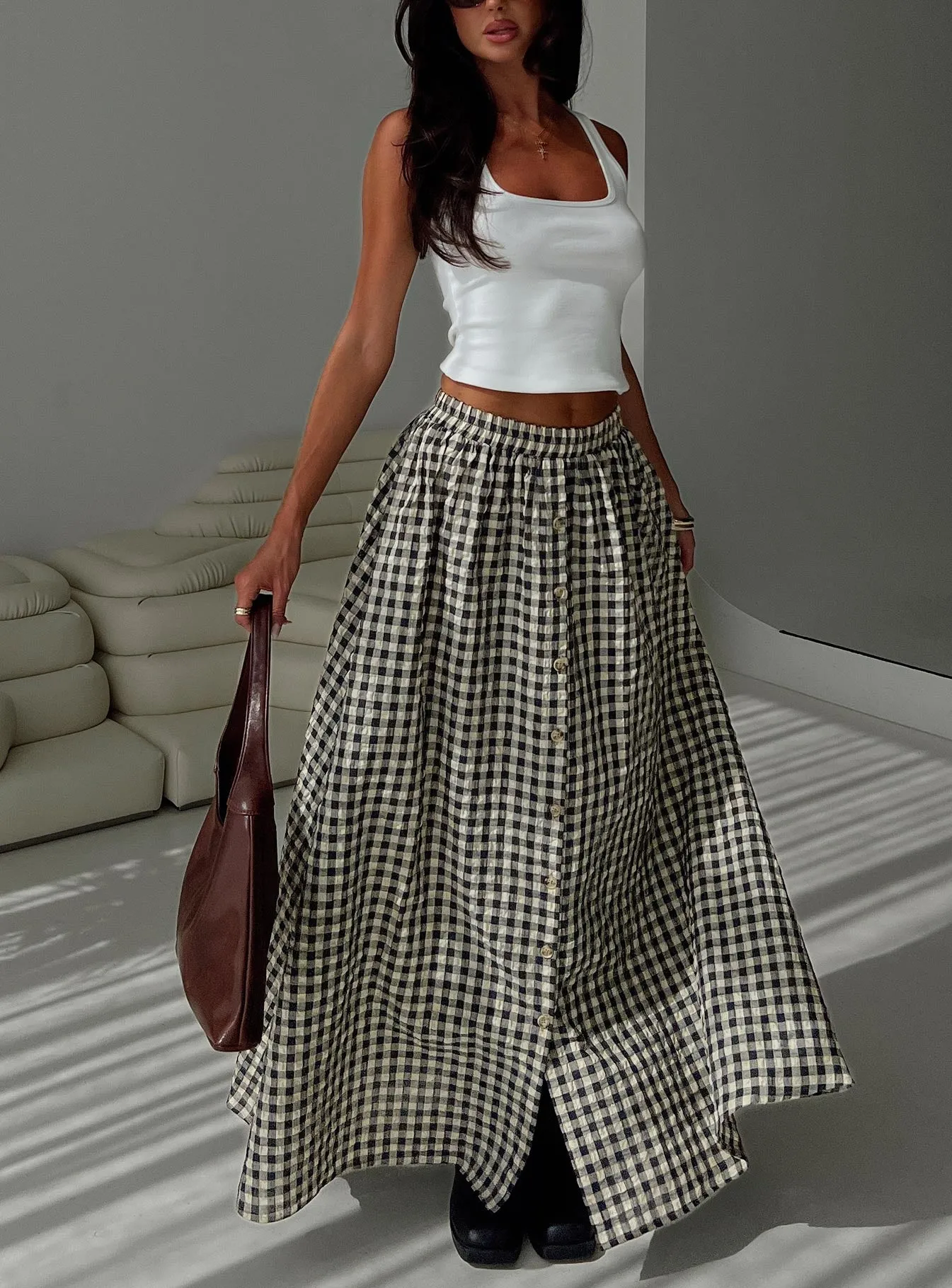 Cartmel Check Maxi Skirt Black / Cream sold by Princess Polly