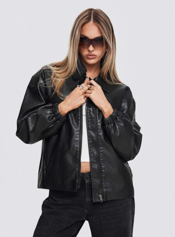 Missed Call Faux Leather Bomber Jacket Black sold by Princess Polly