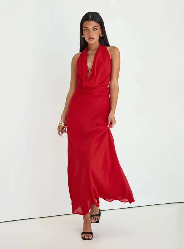 Alejandria Cowl Neck Maxi Dress Red sold by Princess Polly