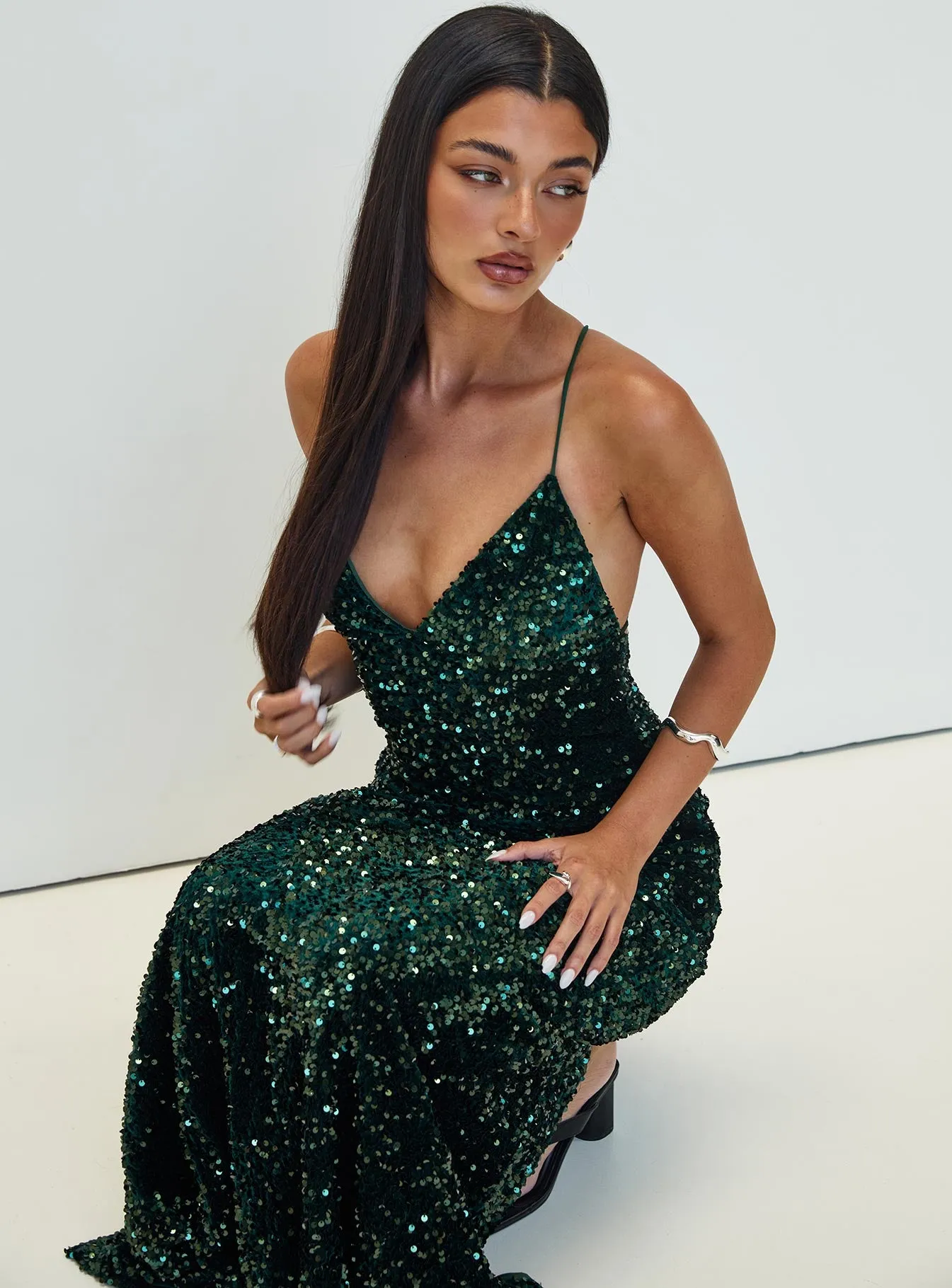 Charlette Sparkle Maxi Dress Dark Green sold by Princess Polly product image thumbnail 3
