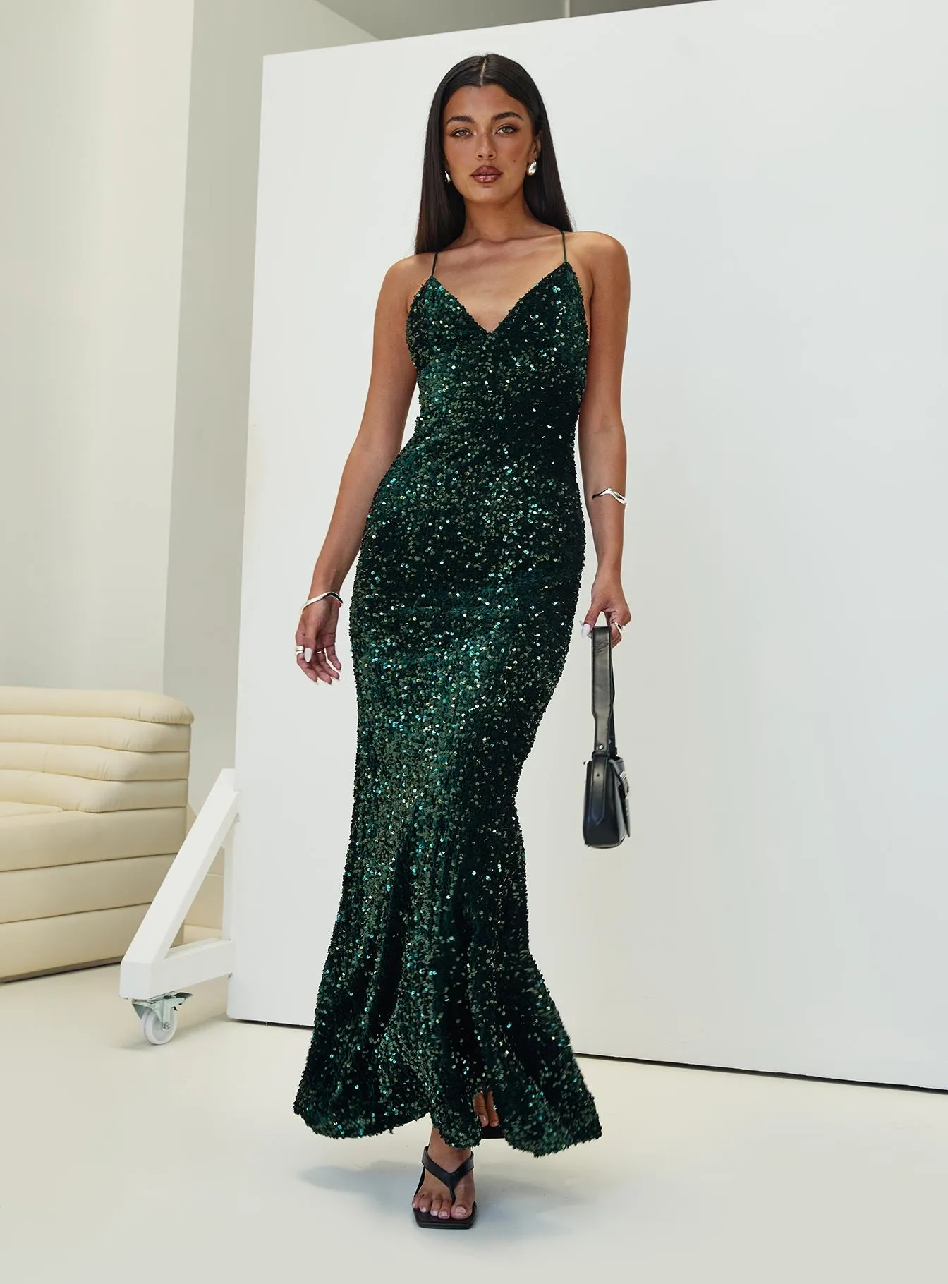 Charlette Sparkle Maxi Dress Dark Green sold by Princess Polly