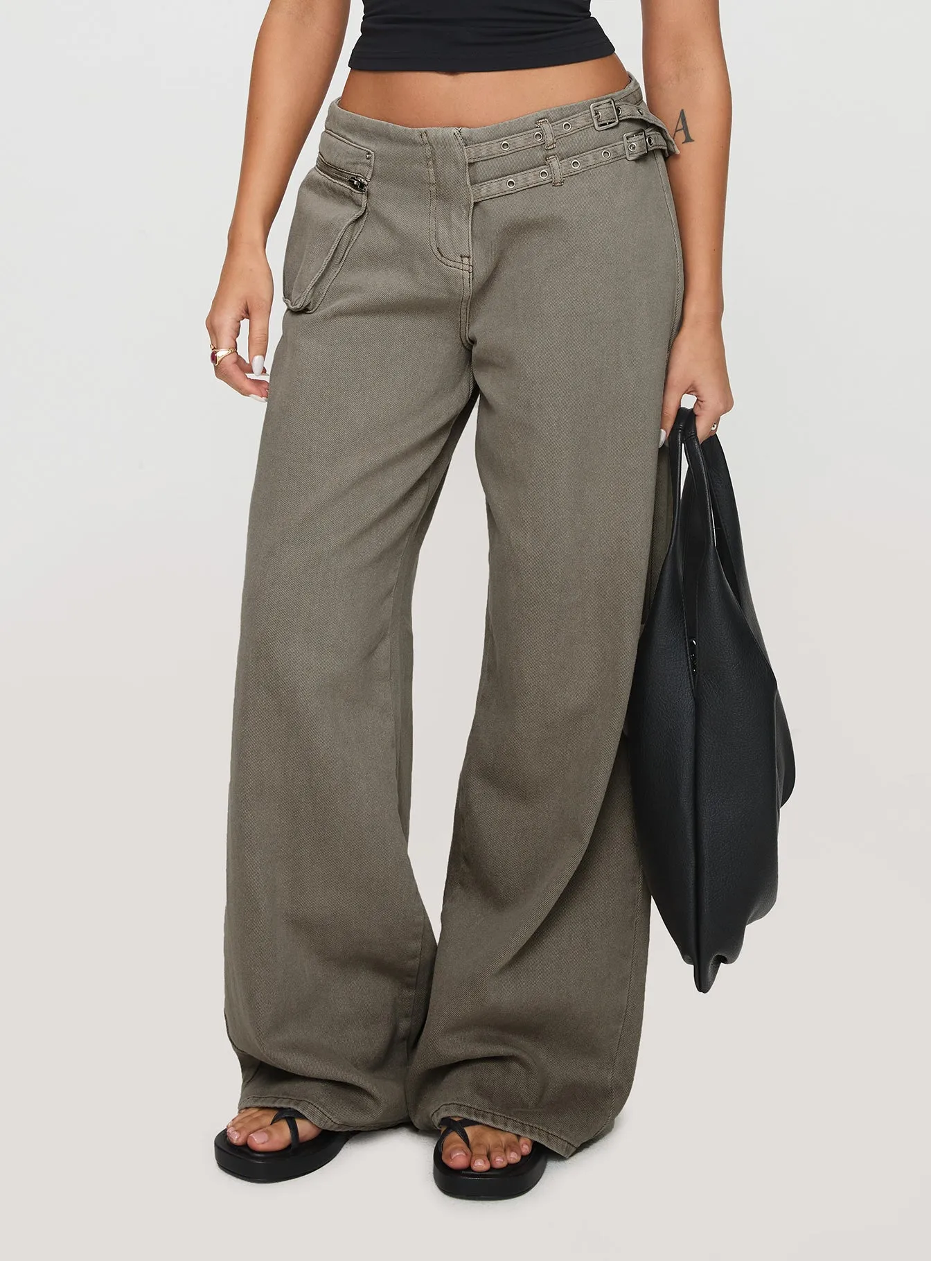 Paltrow Mid Rise Wide Leg Cargo Jeans Washed Brown Petite sold by Princess Polly product image thumbnail 2