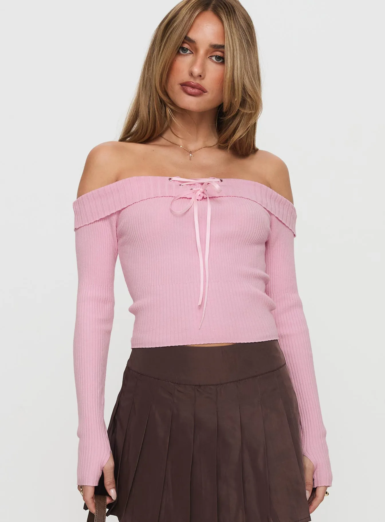 Nighttime Off Shoulder Knit Top Pink sold by Princess Polly