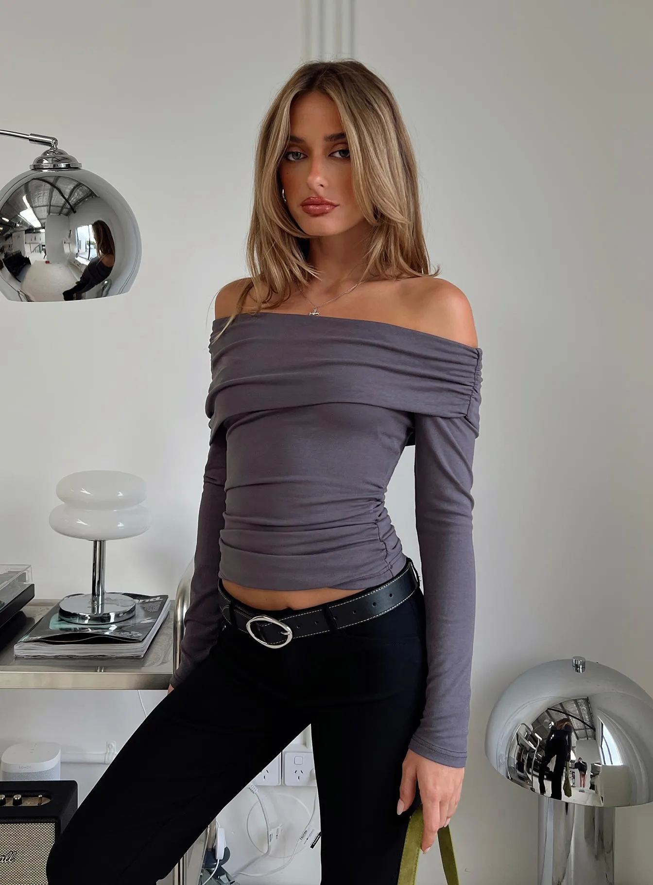 Erving Long Sleeve Off Shoulder Top Slate sold by Princess Polly