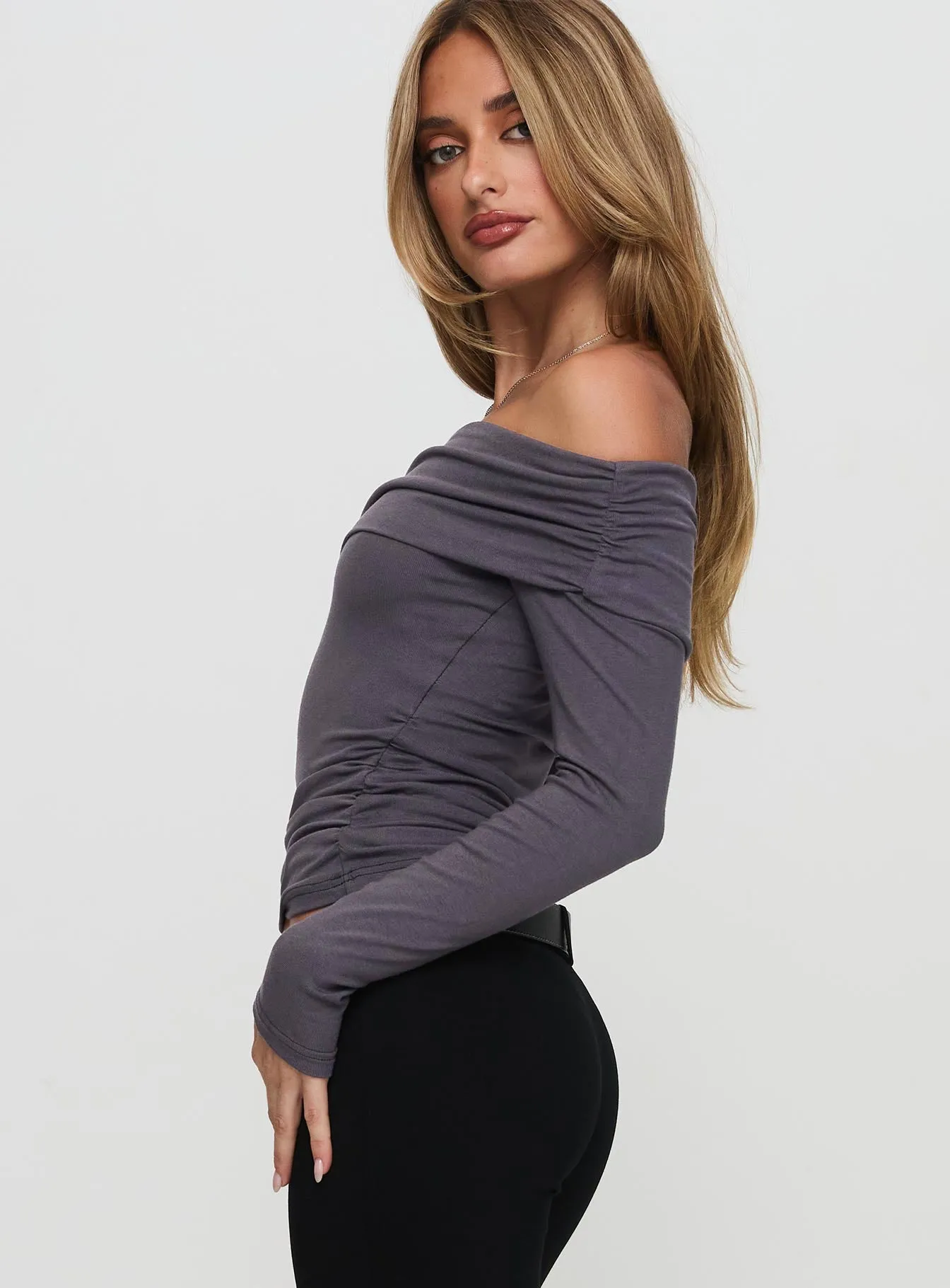 Erving Long Sleeve Off Shoulder Top Slate sold by Princess Polly product image thumbnail 4