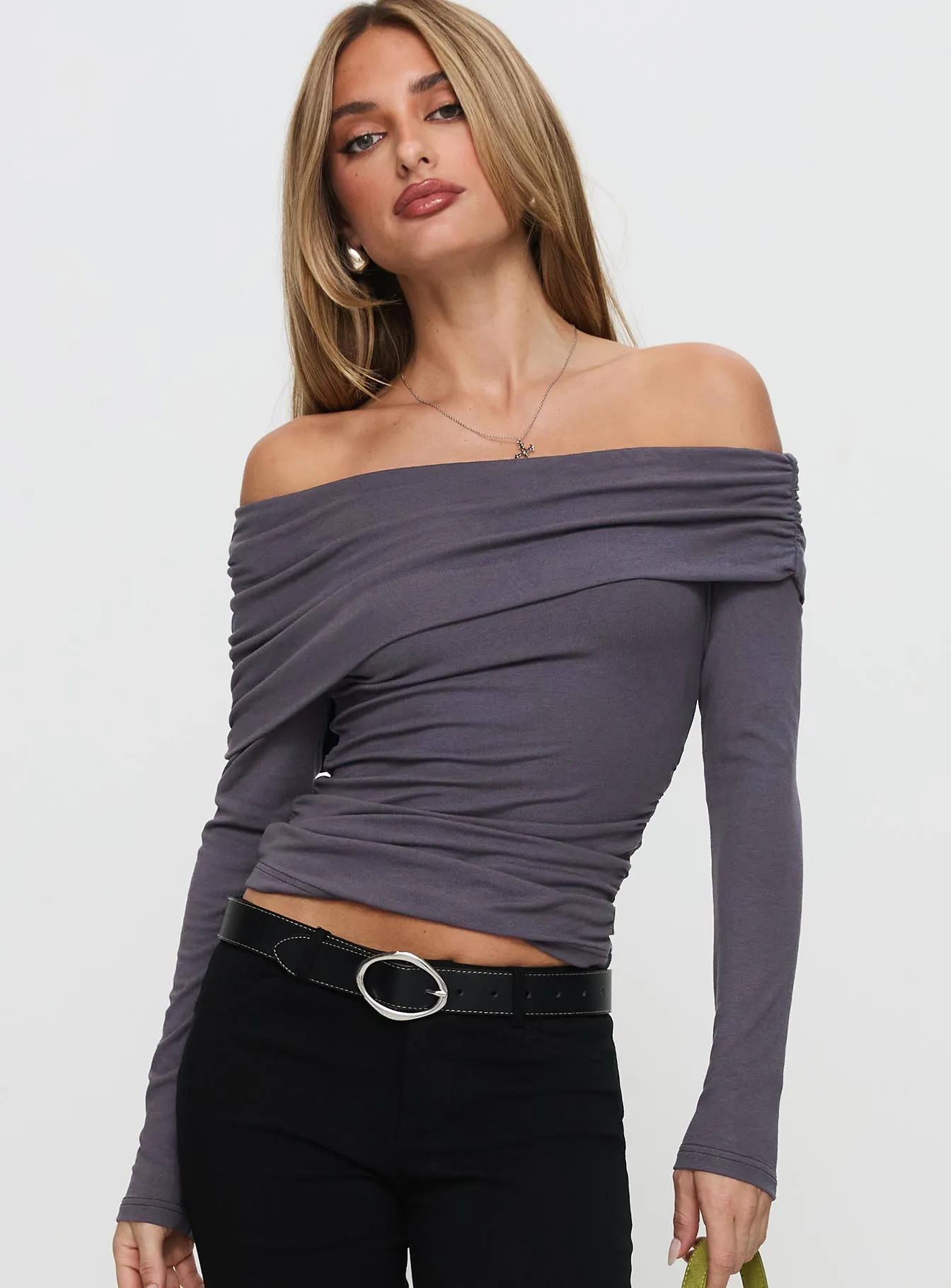 Erving Long Sleeve Off Shoulder Top Slate sold by Princess Polly product image thumbnail 2