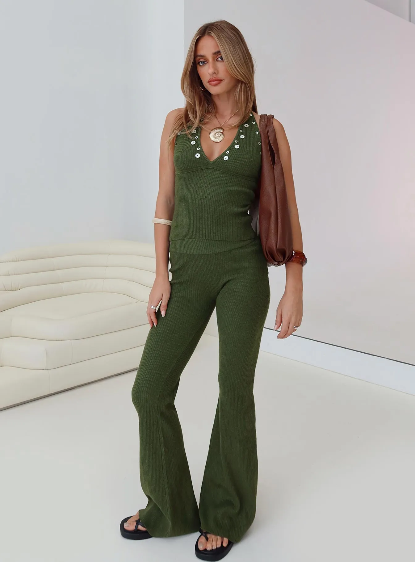 Daylight Savings Shell Detail Knit Set Olive sold by Princess Polly