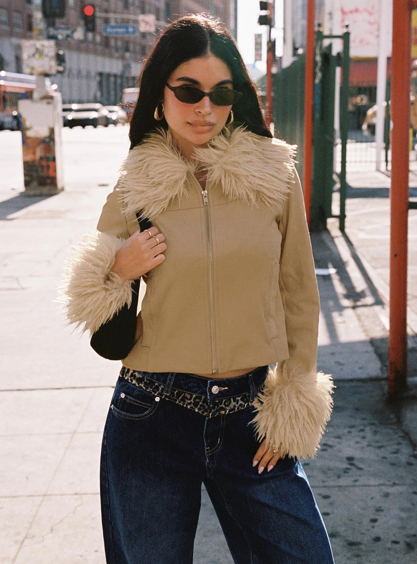 Jeanna Suede Faux Fur Detail Jacket Beige sold by Princess Polly